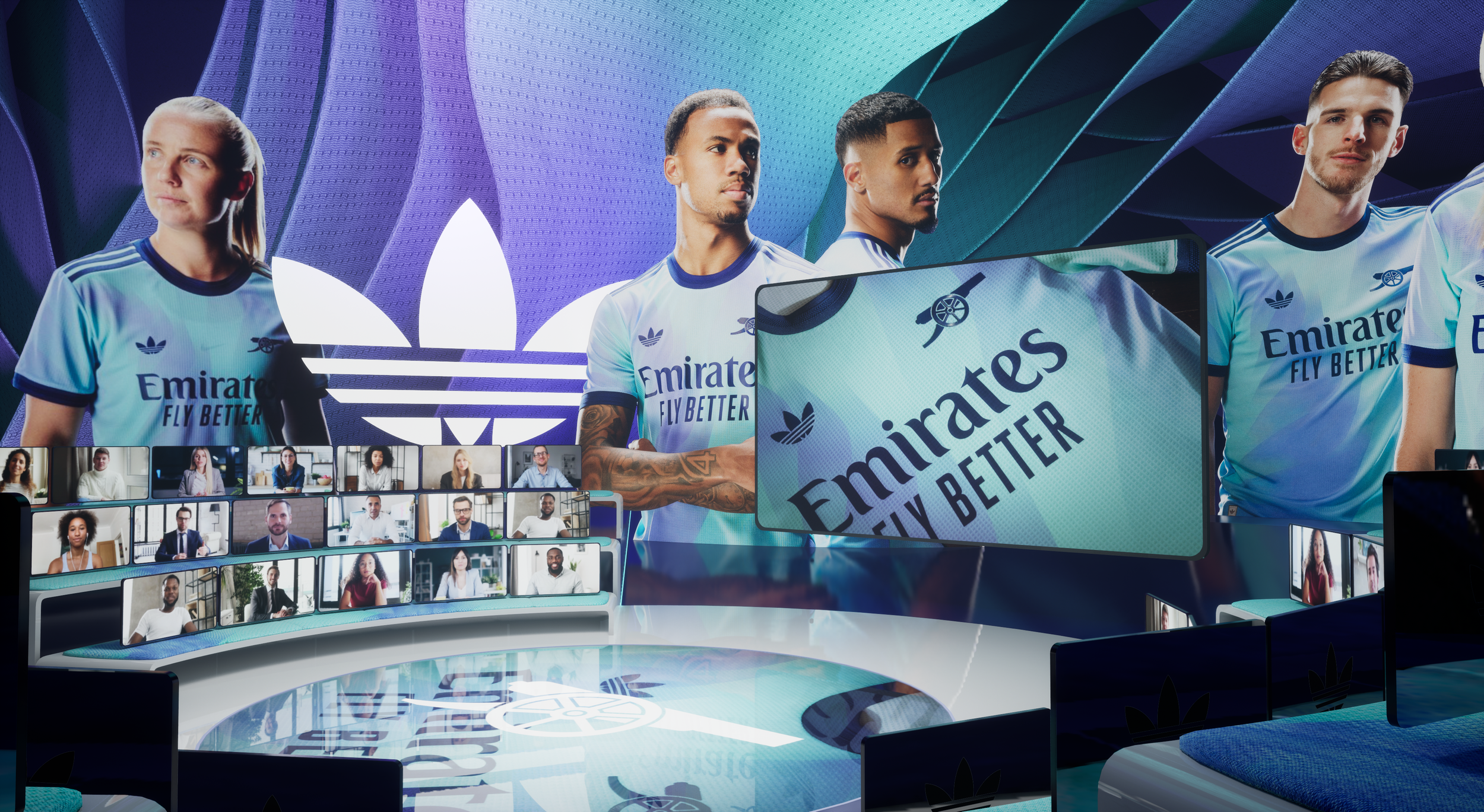 Virtual event featuring a digital display with soccer players in white jerseys with blue accents, sponsored by Emirates, with the Adidas logo and the slogan 'Fly Better.' The background showcases a large Adidas trefoil logo and a collage of participa