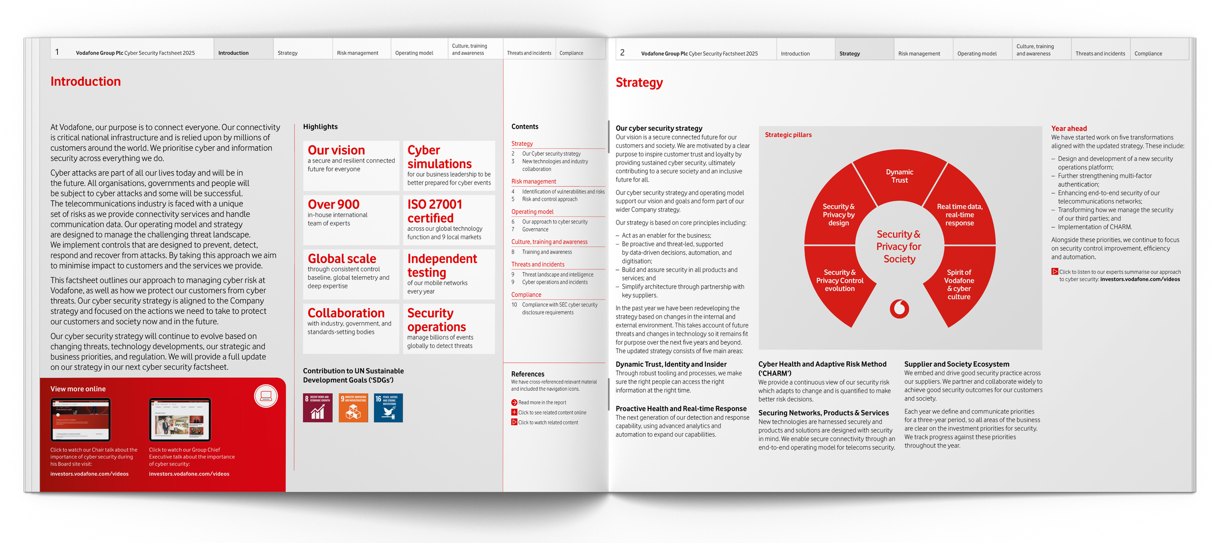 Two-page Vodafone cybersecurity factsheet with the left page titled 'Introduction' and the right page titled 'Strategy'. The left page contains sections, highlights, and icons for online resources. The right page features a circular diagram labeled 'Security & Privacy by design' and paragraphs outlining the company's cybersecurity strategy, pillars, and industry collaborations.