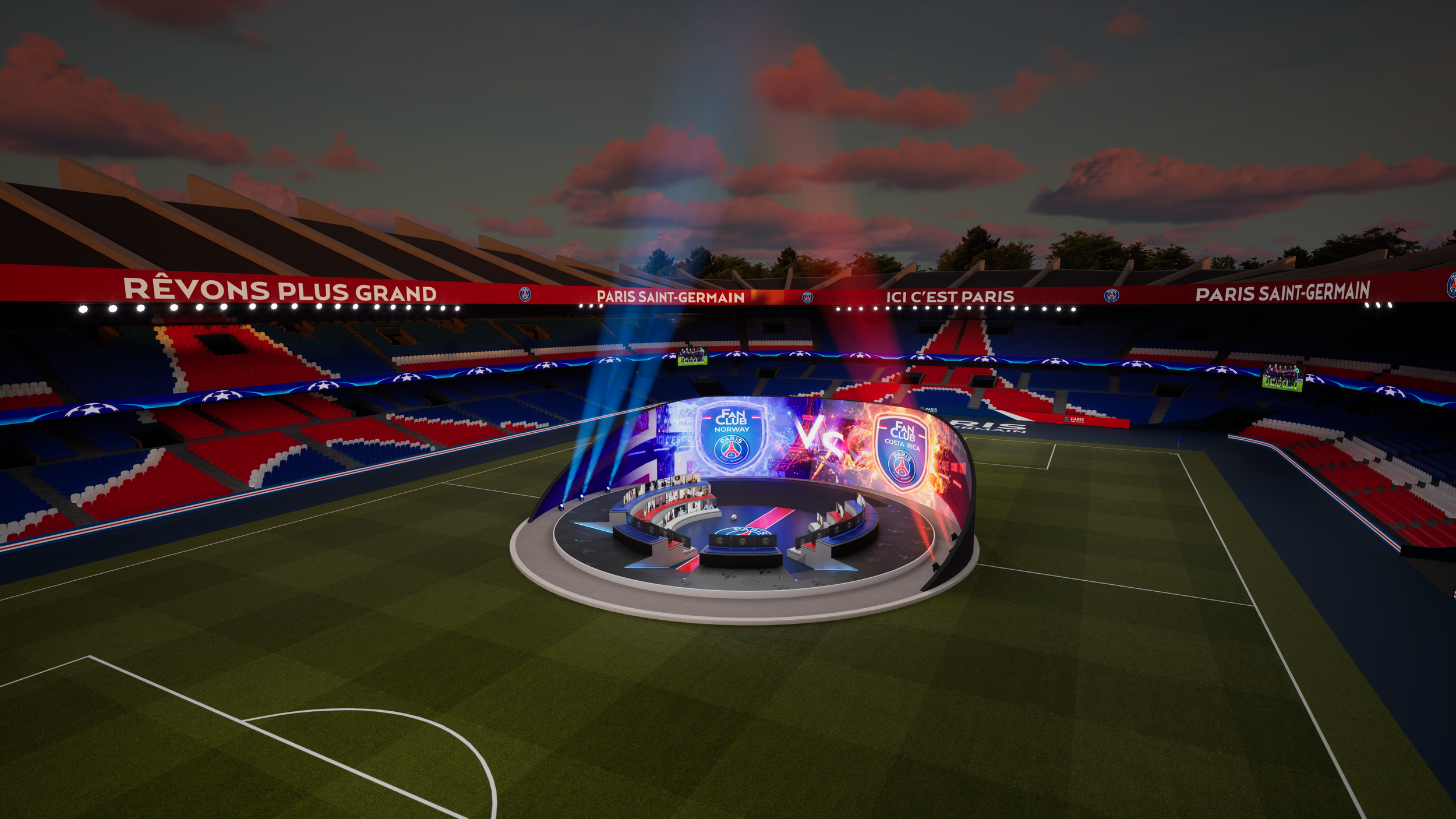 A football stadium with colorful seating, large screens displaying a match between Paris Saint-Germain and another team, and banners with French phrases. The field is illuminated under a cloudy sky at dusk.