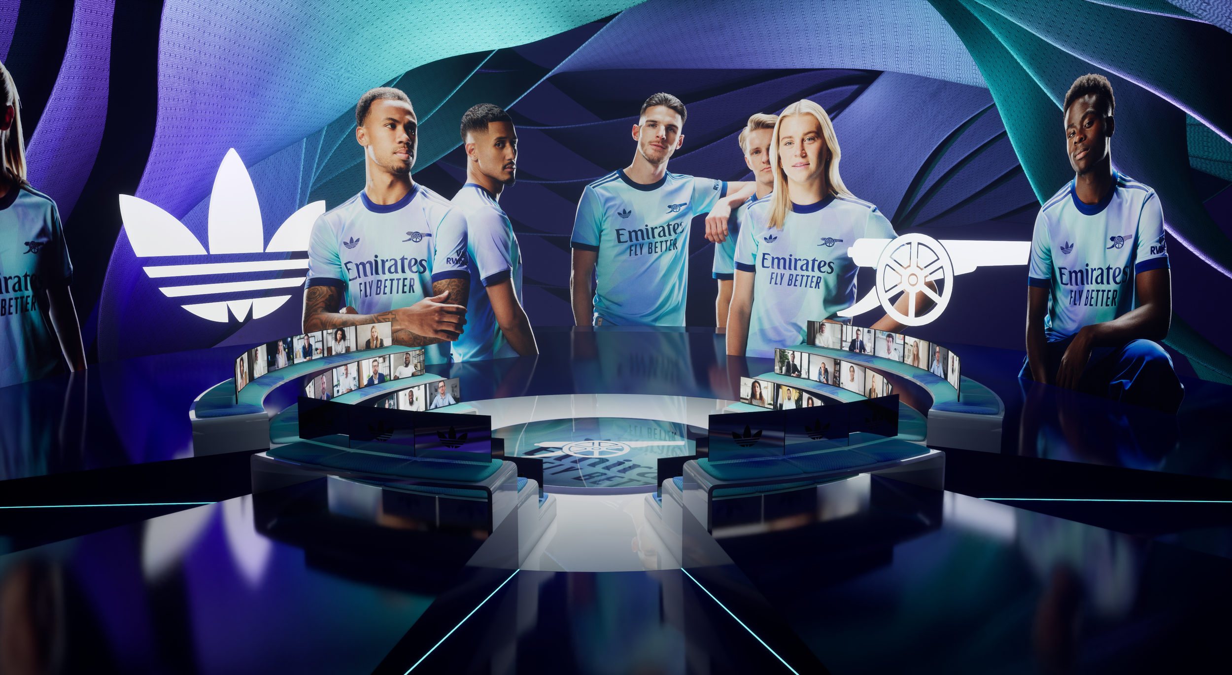 A digital display featuring a group of seven soccer players in white jerseys with blue accents, standing around a futuristic circular conference table. Behind them are illuminated logos of Adidas and Arsenal, with a vibrant, abstract purple and blue 