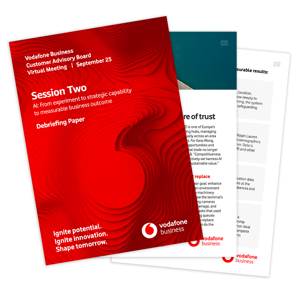 Red booklet titled 'Vodafone Business Customer Advisory Board Virtual Meeting September 25' with white text 'Session Two AI: From experiment to strategic capability to measurable business outcome' and 'Debriefing Paper.' Other pages of the booklet are partially visible behind, with text and images.
