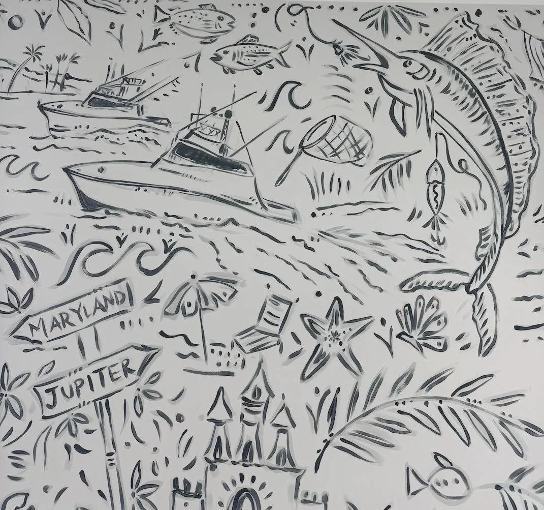 Close-up of custom wall mural showing Maryland Jupiter directional sign and tournament fishing boats, painted by Jupiter FL artist Kourtney Cannon Art