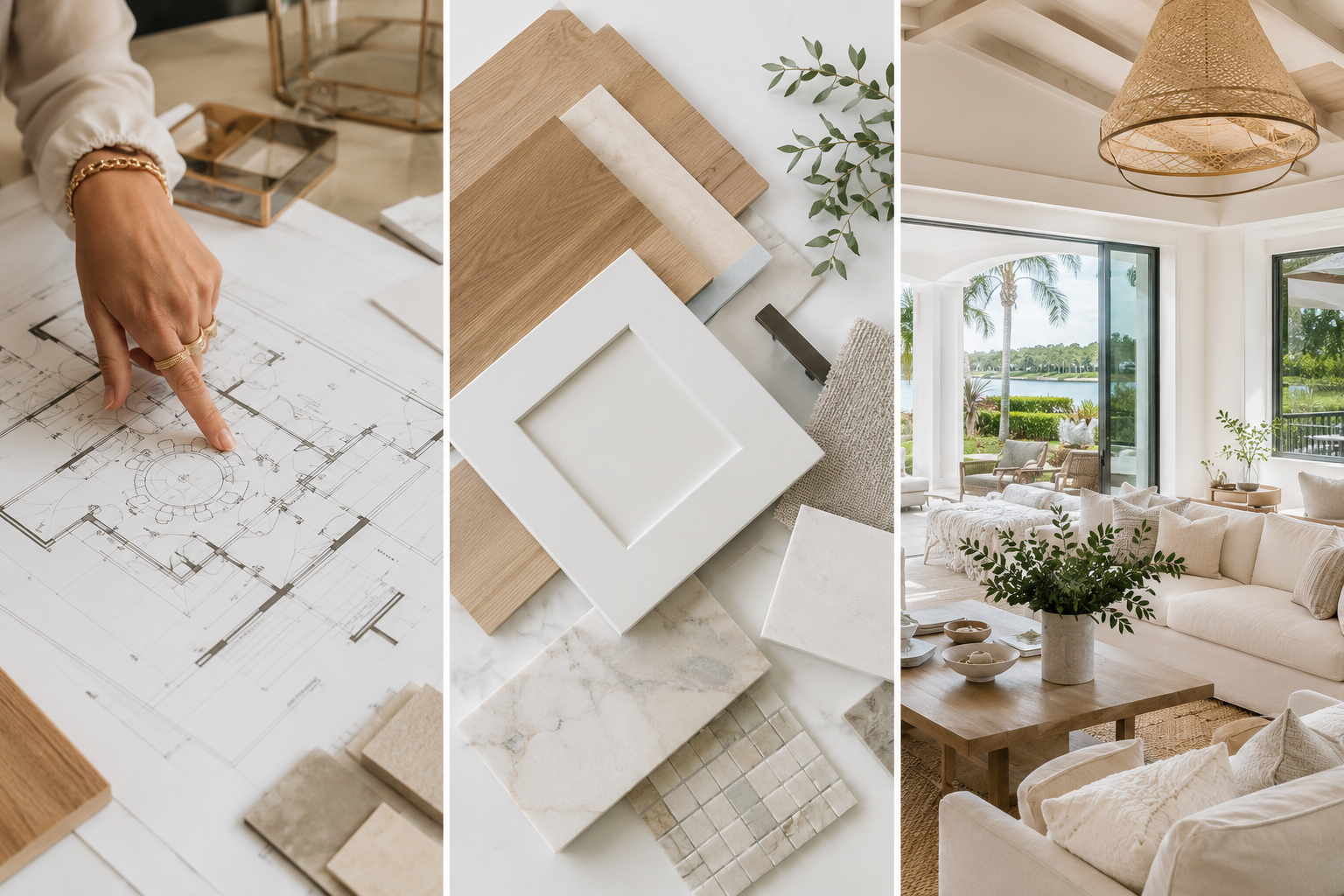 Three-panel image showing the phases of new construction interior design: reviewing architectural floor plans, curating material and finish selections, and a completed Florida coastal living room with indoor-outdoor views