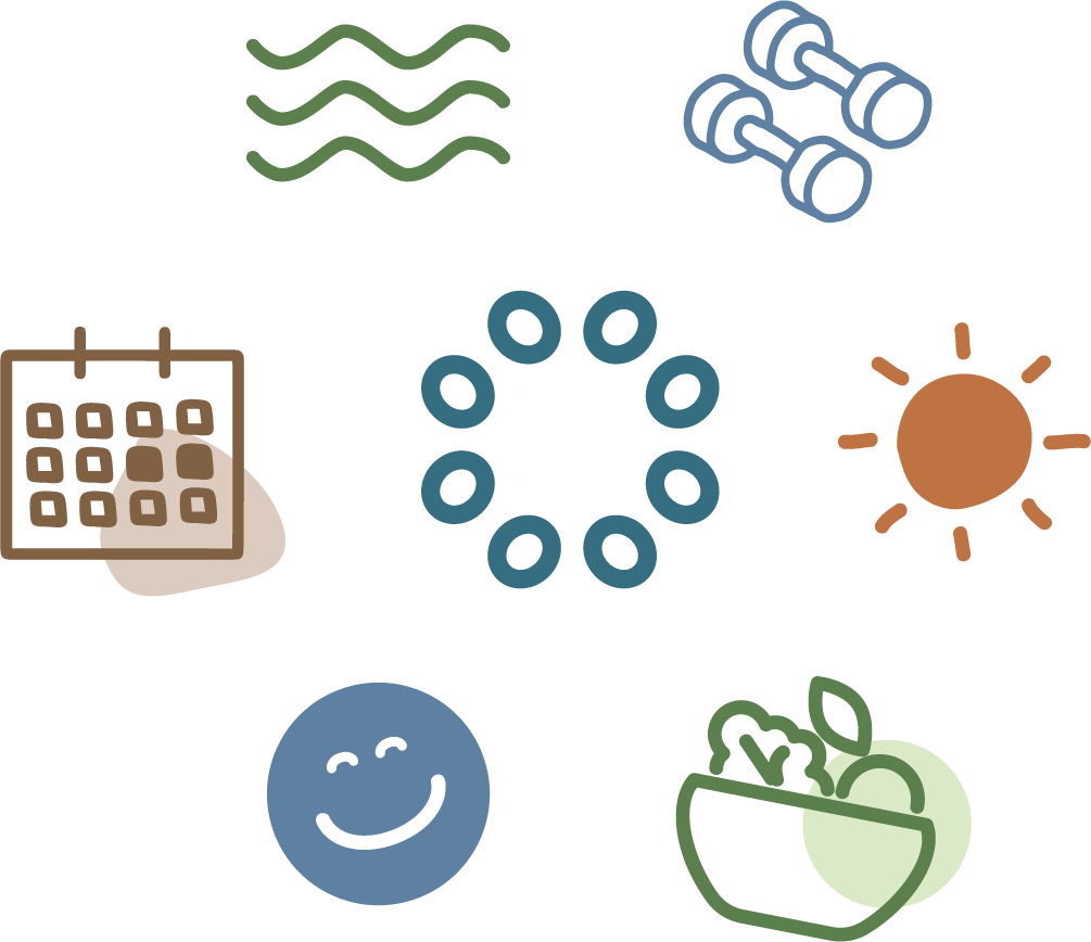 A collection of joyWell Fitness branded icons representing healthy lifestyle and wellness, including water, dumbbells, sunlight, a bowl of salad, a smiling face, a calendar, a ring of blue circles, and a sun.