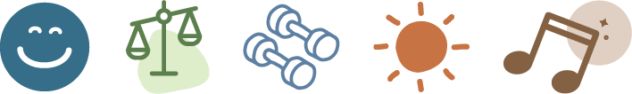 JoyWell Fitness branded icons: A smiling face icon, a set of scales, binoculars, a sun, and music notes.