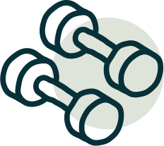 Illustration of a pair of dumbbells with black handles and black weights, placed on a green circular background.