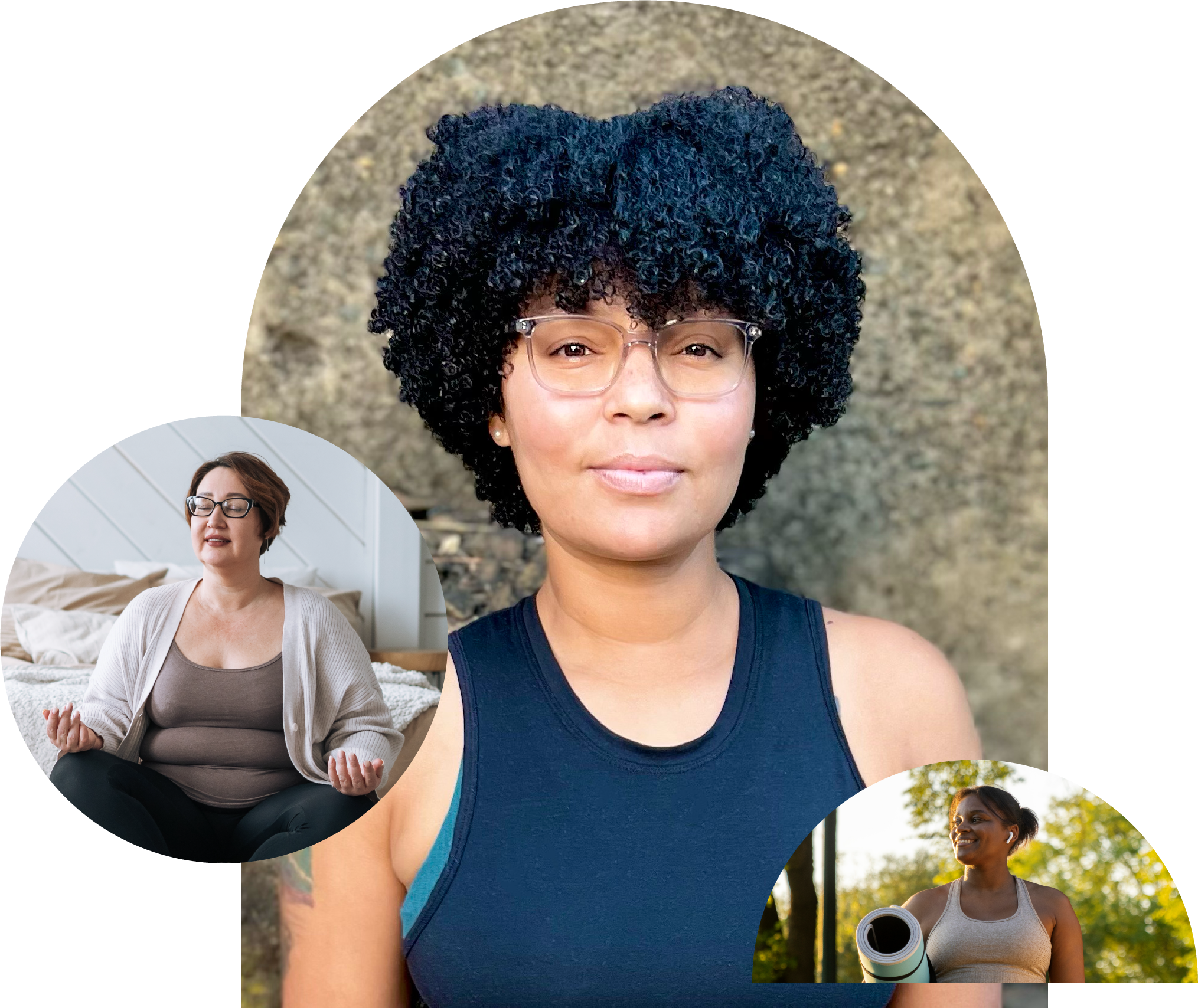 Collage of Joywell Fitness Founder Mi'Kele Rodriguez with diverse women in various settings, including outdoors, indoors, practicing yoga, and holding a yoga mat.