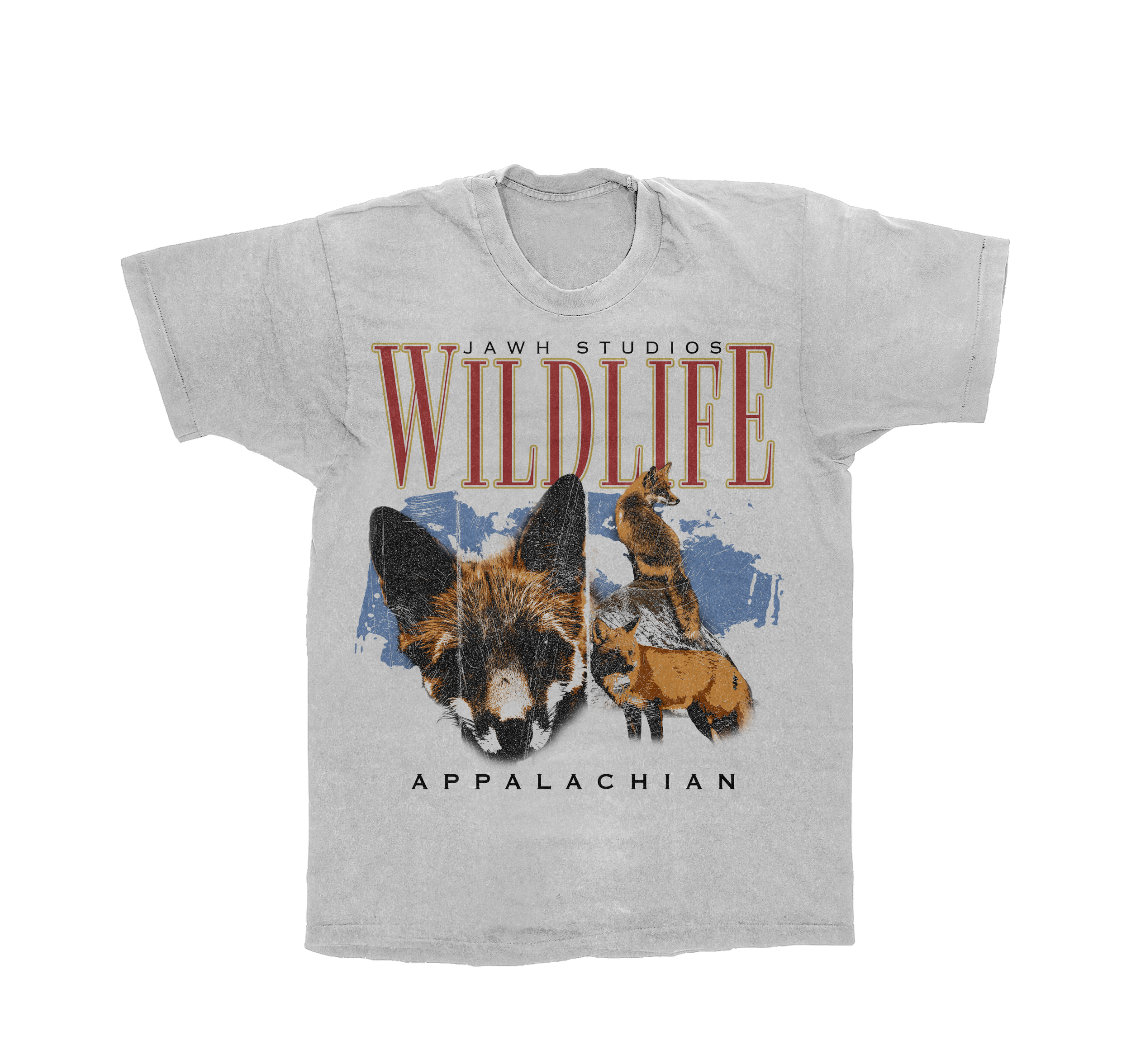 Gray T-shirt with a design featuring a German Shepherd's face, a fox, and a mountainside background, with the words "WILDLIFE" and "APPALACHIAN".