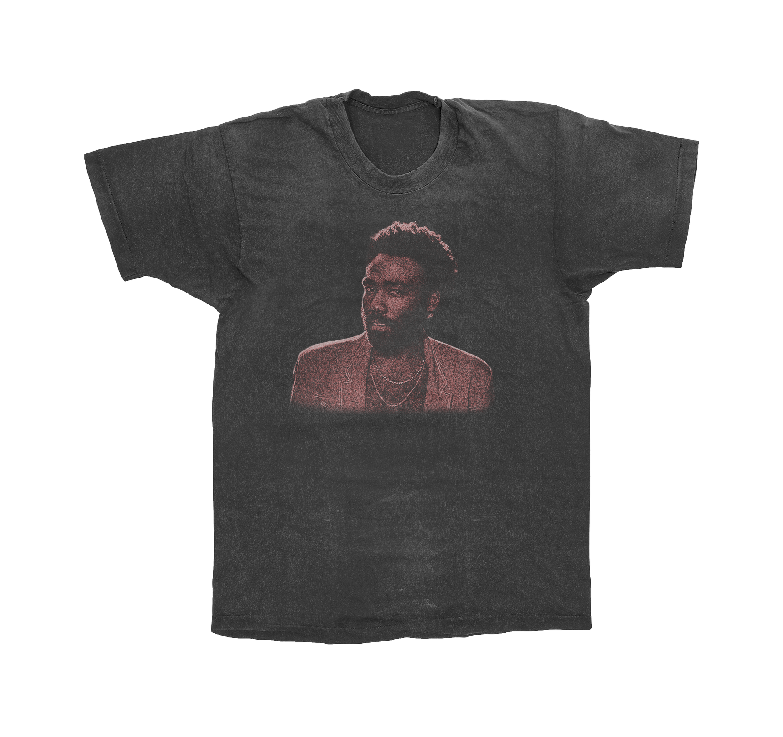 Black T-shirt with a graphic of a man with dyed hair, layered chains, and a blazer.