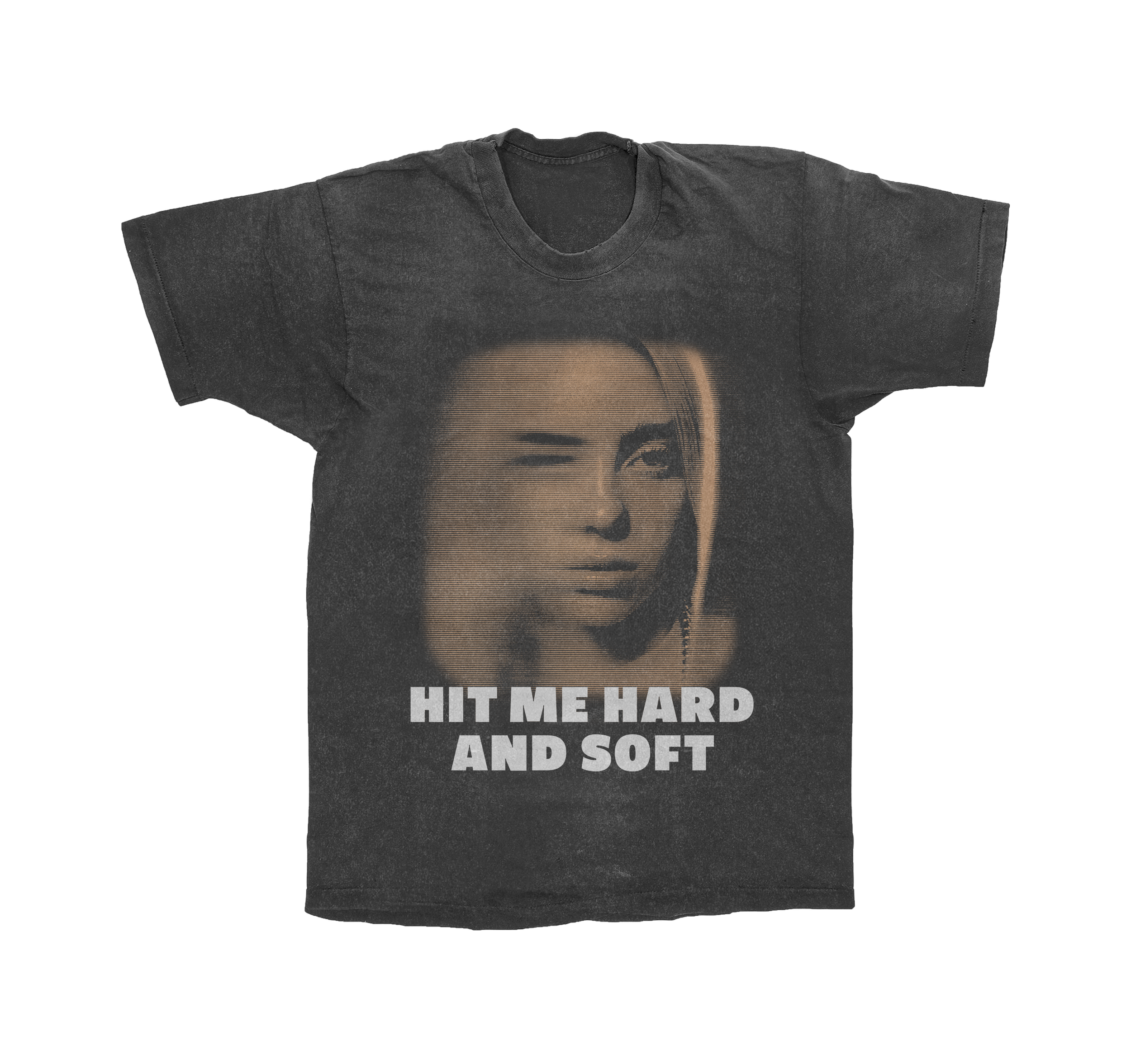 Black T-shirt with a print of a woman's face winking and the text "HIT ME HARD AND SOFT" underneath.