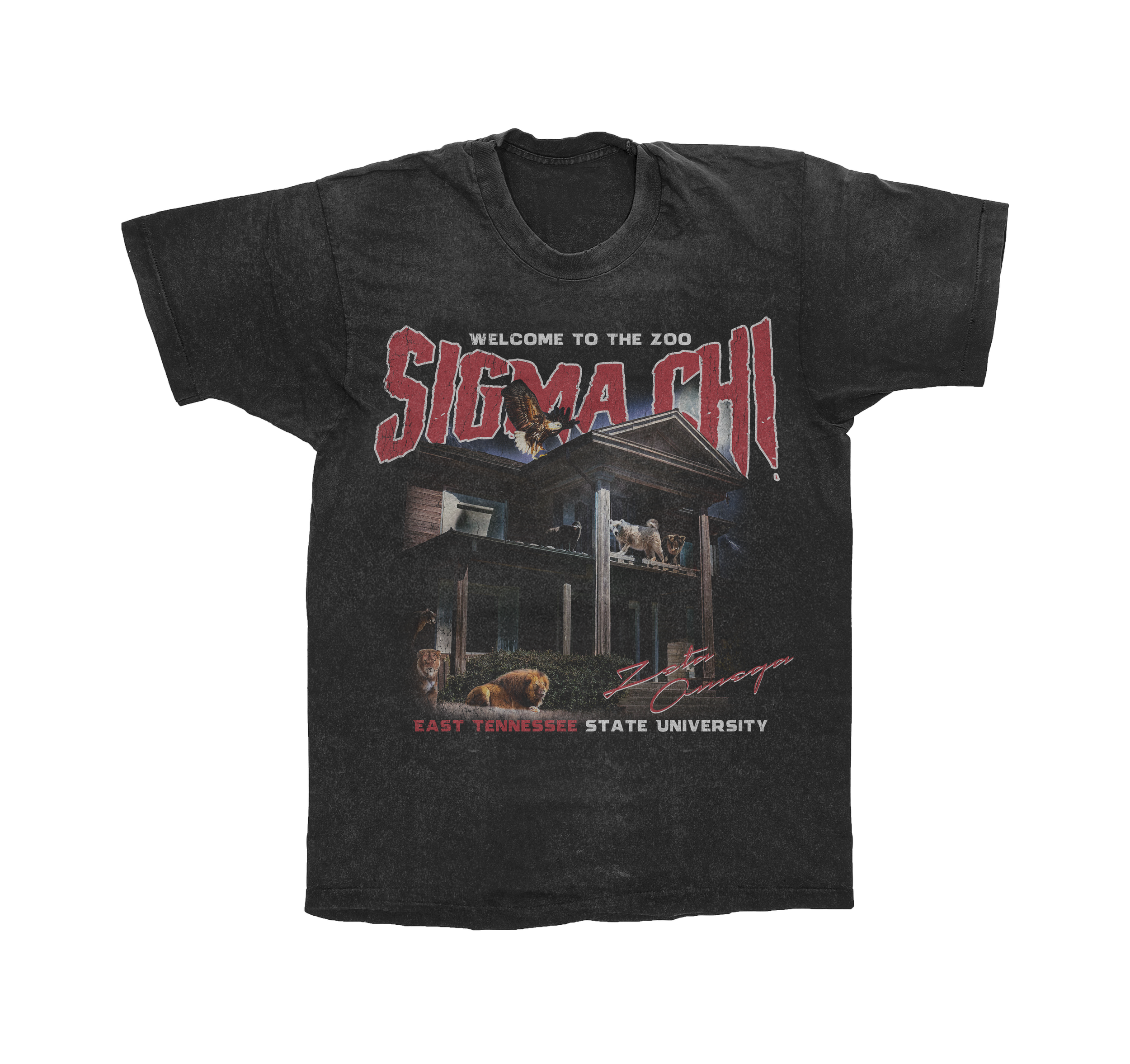 Black T-shirt with a design promoting Sigma Chi at East Tennessee State University, showing a multi-story dog house with dogs and a bird around it, and text including "Welcome to the Zoo," "Sigma Chi," "East Tennessee State University,"