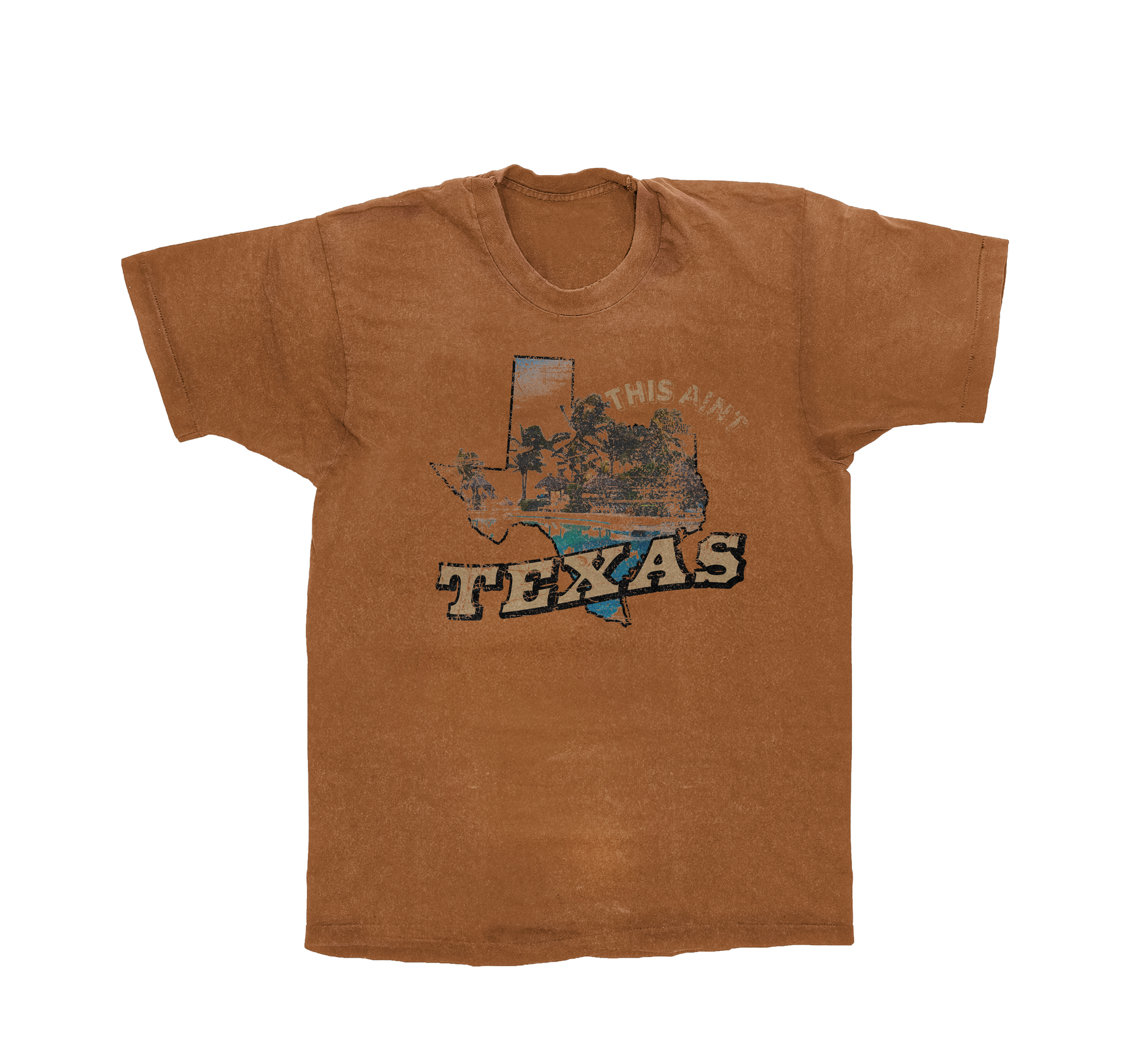 Brown T-shirt featuring a graphic of a Texas town scene with palm trees and water, and text that reads "This Ain't Texas".