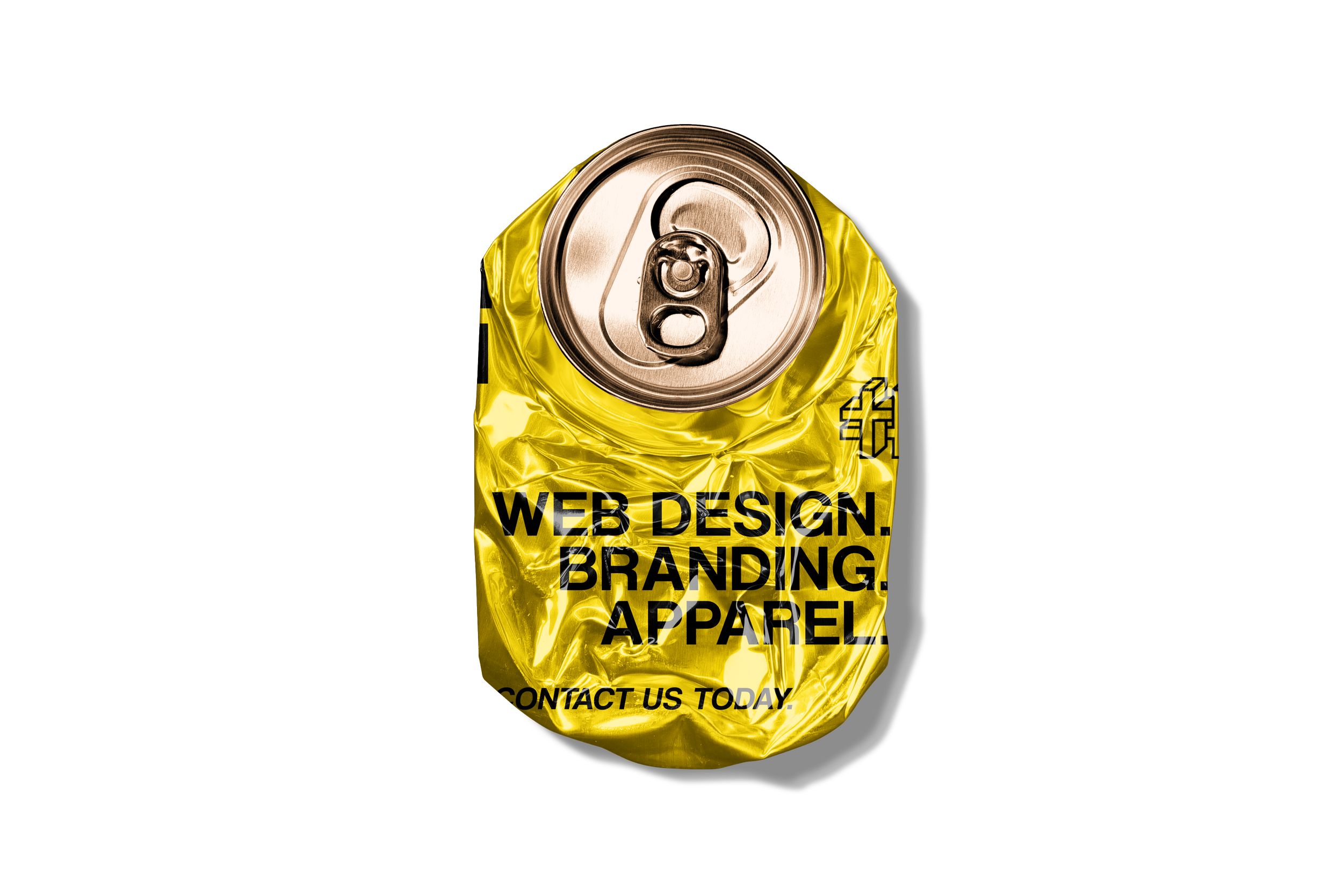 Crumpled yellow aluminum can with black text advertising web design, branding, and apparel, and a call to contact us today.