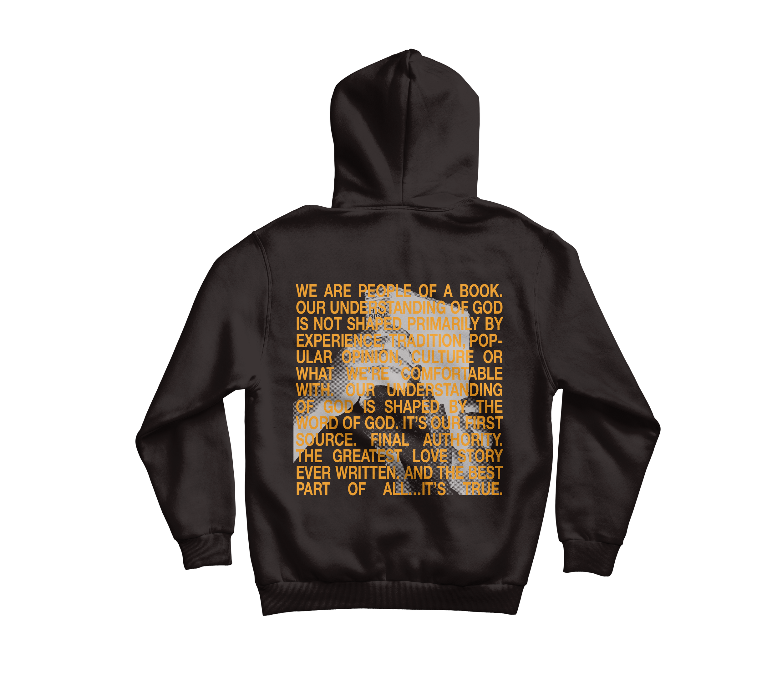 Black hoodie with orange and white text and a Bible quote about understanding of God and love.