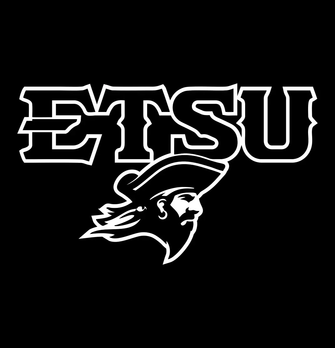 Black and white logo of the university with bold initials 'ETSU' and a Bucaneers's profile wearing a tricorn hat