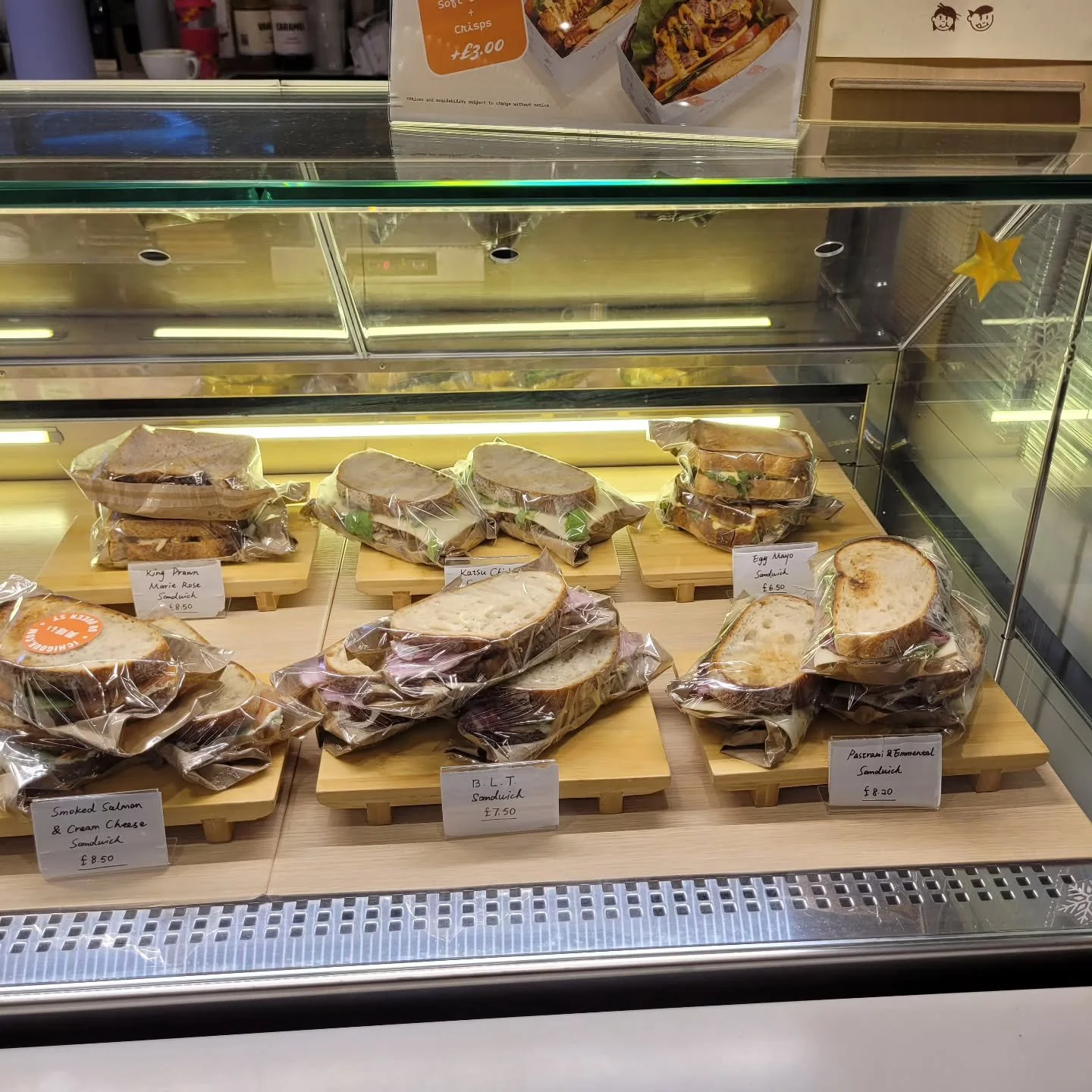 Smoked Salmon and Ichigo Cream Cheese
B.L.T
King Prawn Marie Rose
Katsu Chicken
Egg Mayo
Pastrami &amp; Emmental

Lunch is ready guys 😍