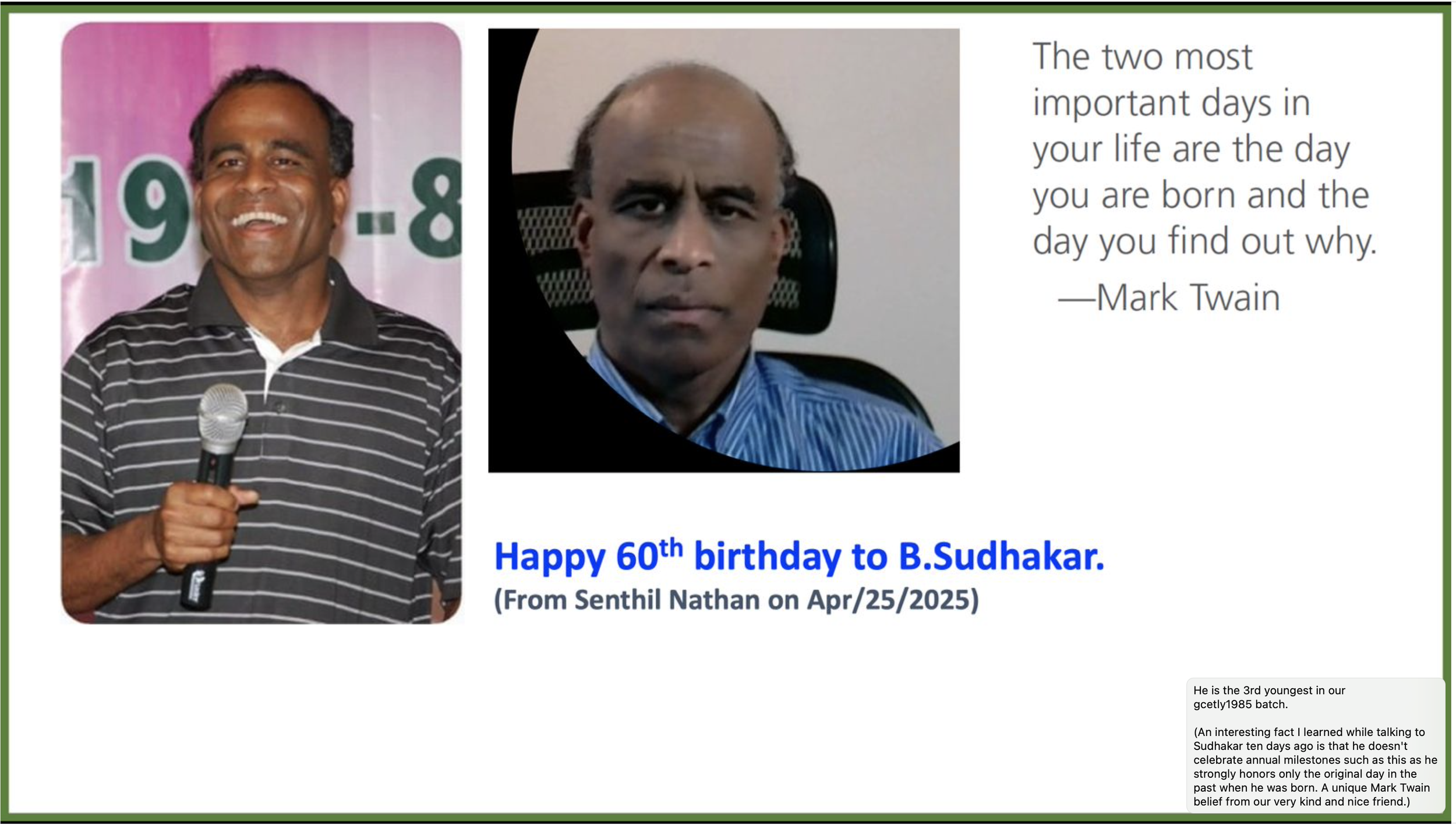 Senthil's greeting for Sudhakar's 60th birthday on Apr/25/2025.
