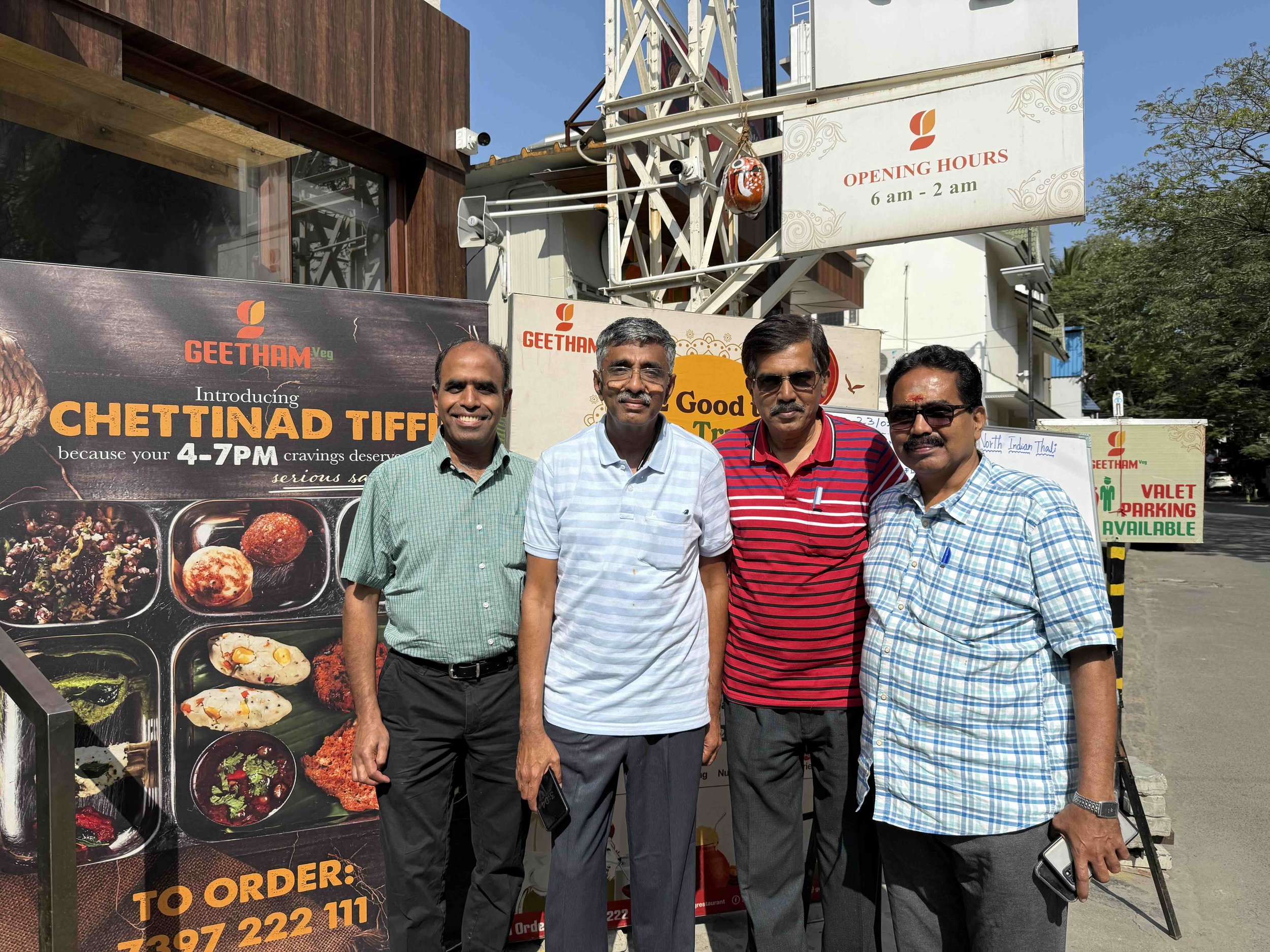 Senthil, APK, Pedro, Sathya after having lunch at Geetham (Anna Nagar, Chennai) on Feb/23/2026.