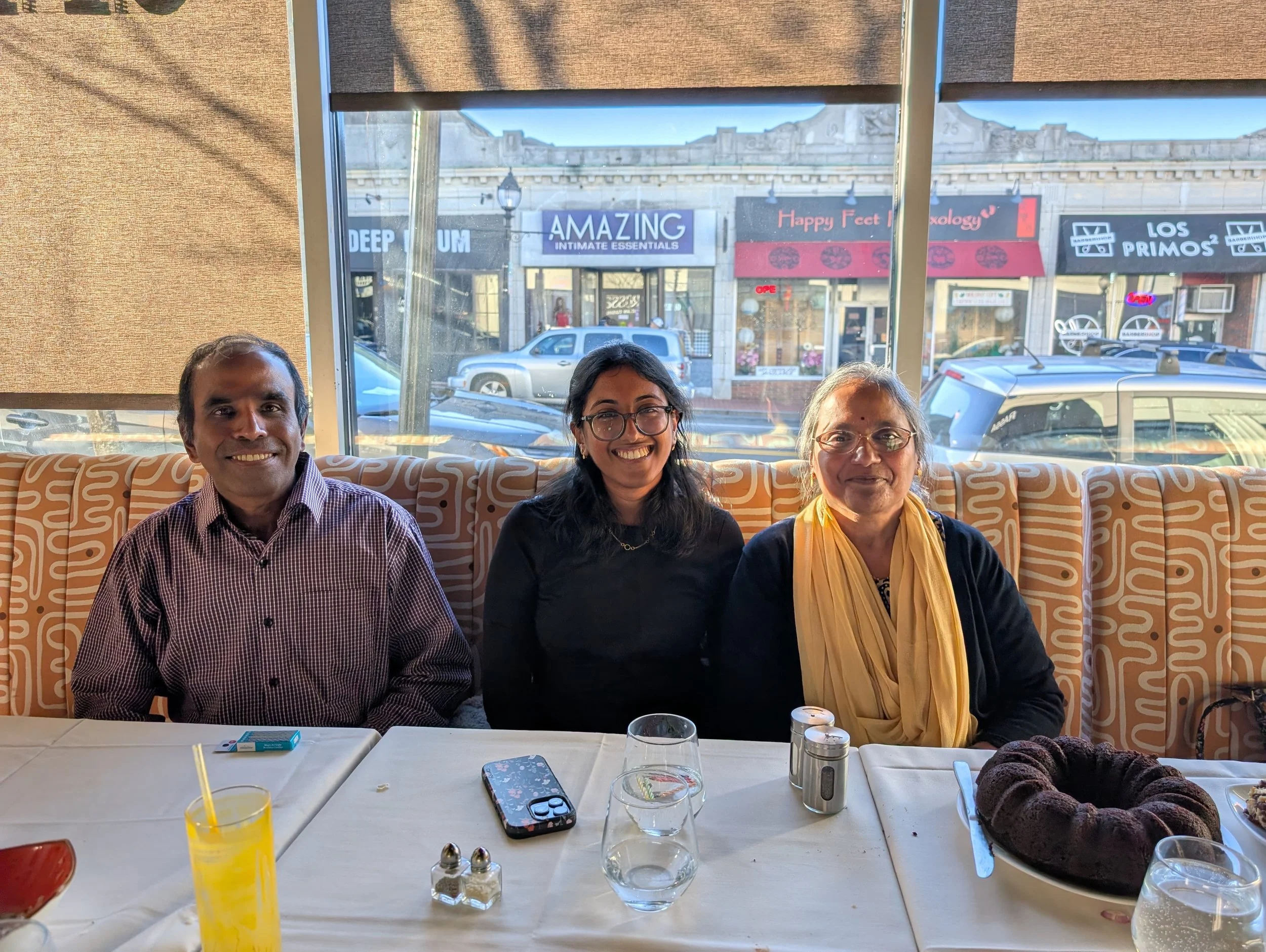 Senthil, Aparna and Geetha on Nov/29/2025 at her 60th Hindu Star birthday luncheon in Boston.