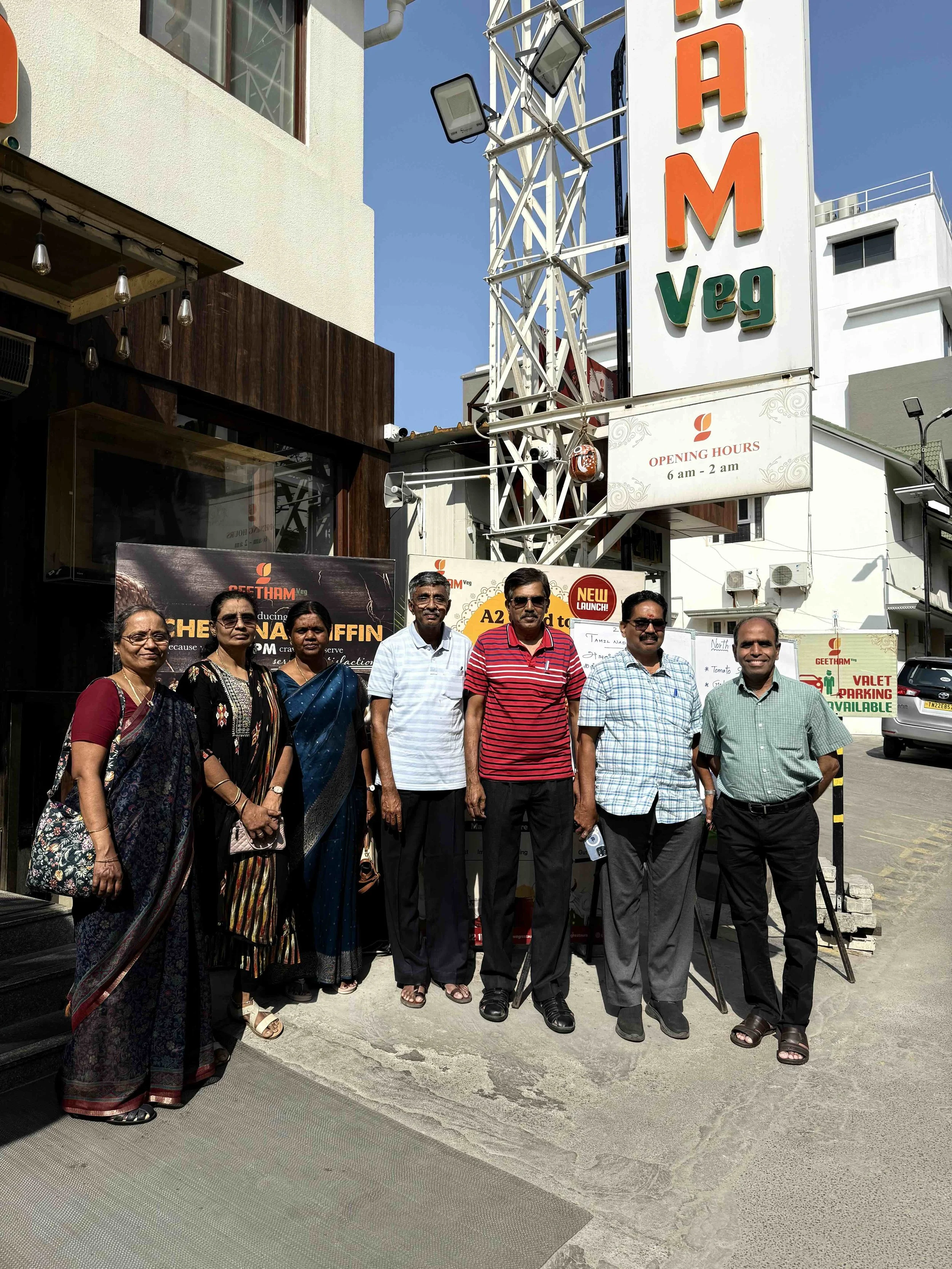 Geetha, Celena, Latha, APK, Pedro, Sathya, Senthil after having lunch at Geetham (Anna Nagar, Chennai) on Feb/23/2026.