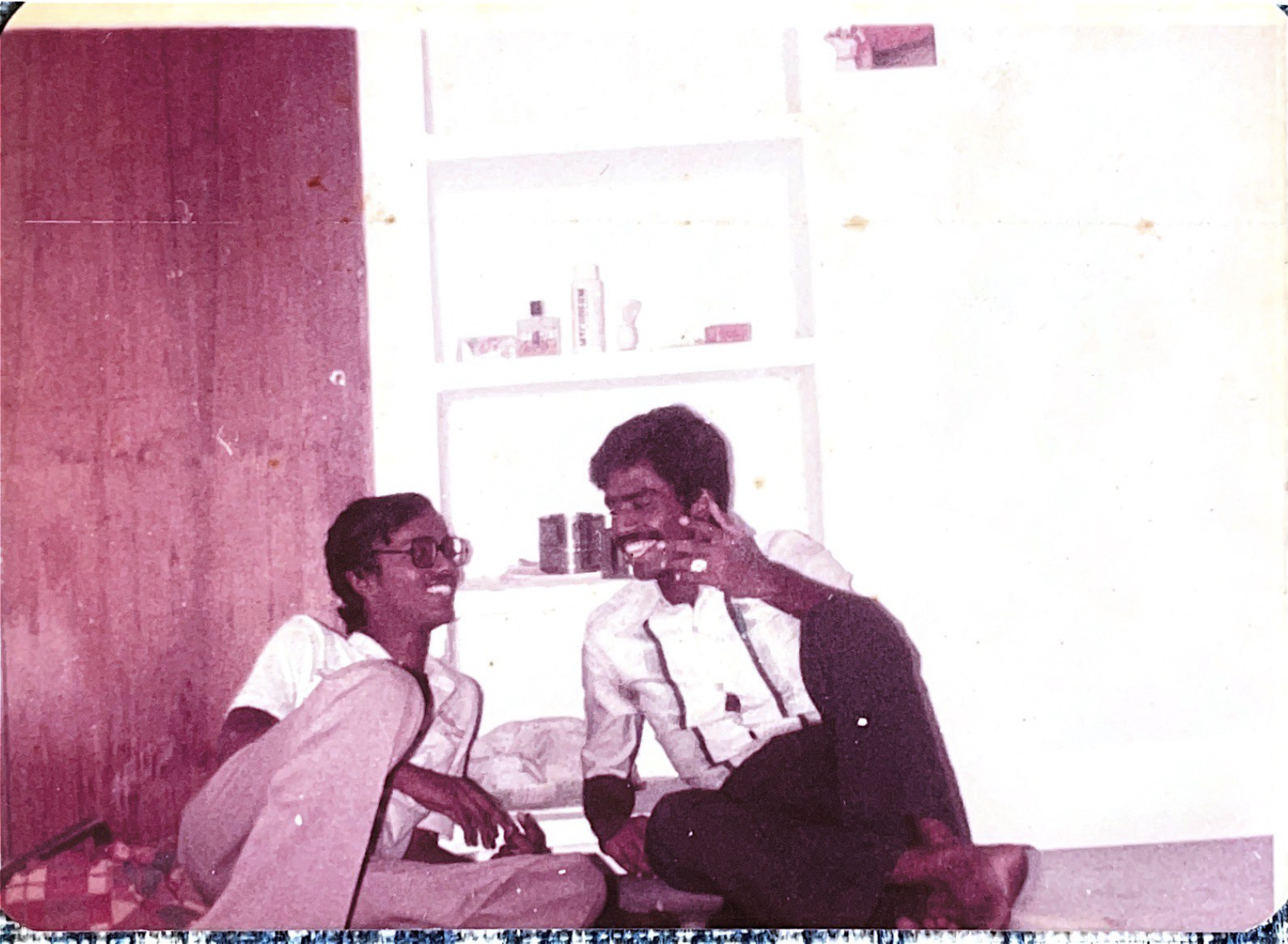 Roommates Vikraman (MECH) and Senthil (ECE) friendly in the evening. Such was life in 1982.