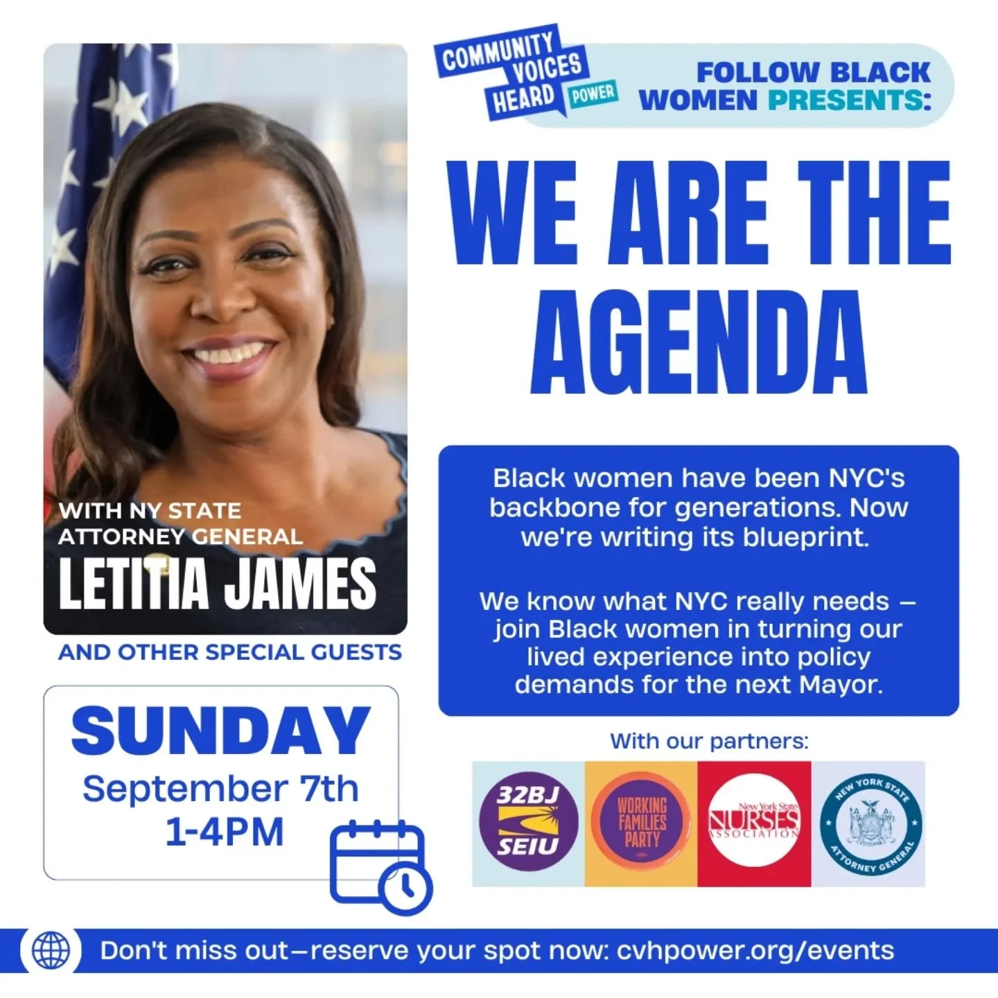 Black women: It's time to set NYC's mayoral agenda!

Join 100+ Black women from across the five boroughs as we shape the future of our city.

Attorney General @letitiajamesforny and other special guests will be joining us.

Your voice matters. Your v
