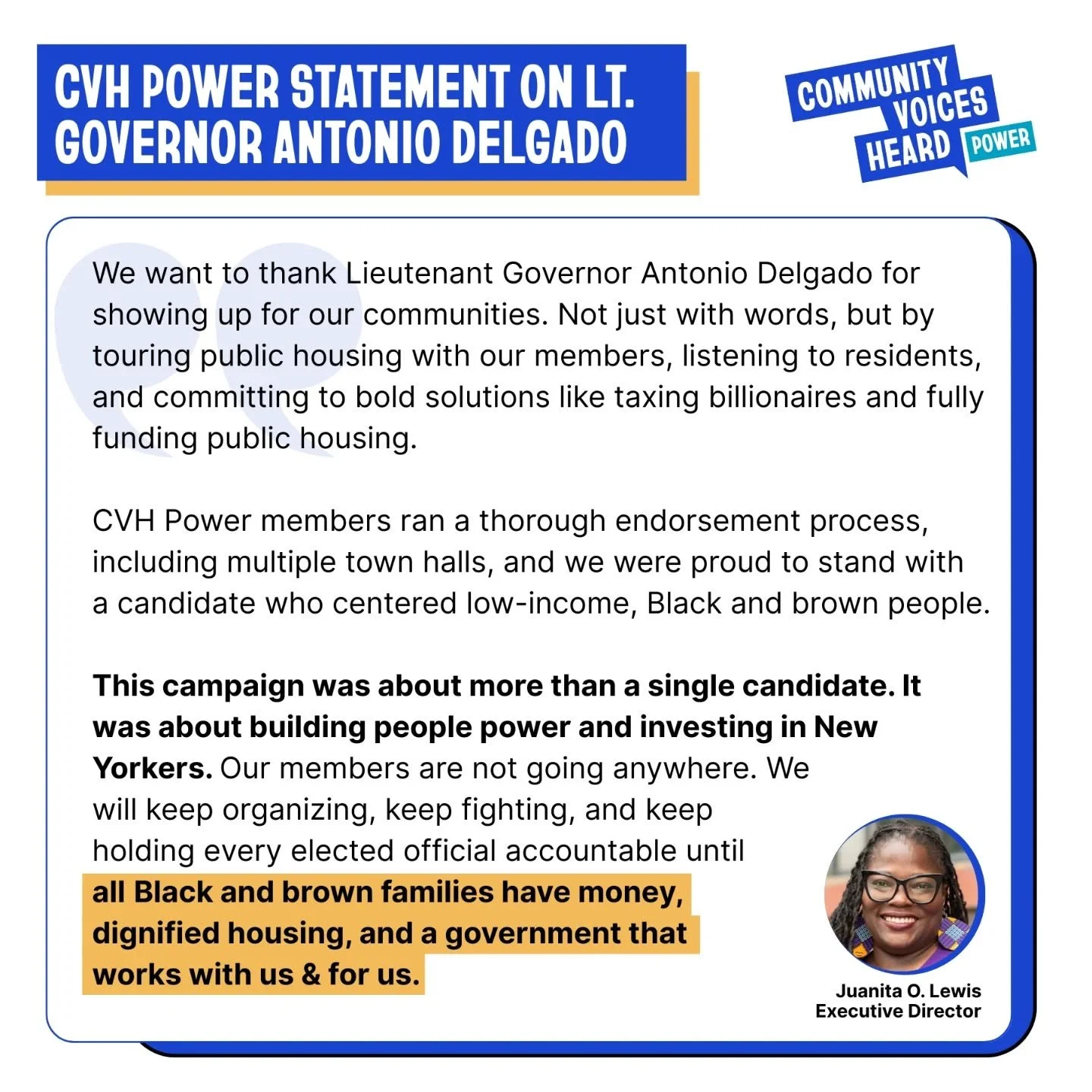 Today, Lieutenant Governor @delgadoforny announced that he is ending his campaign for Governor of New York.

CVH Power members were proud to endorse his campaign. We want to thank him for standing with our communities and for his commitment to tax bi