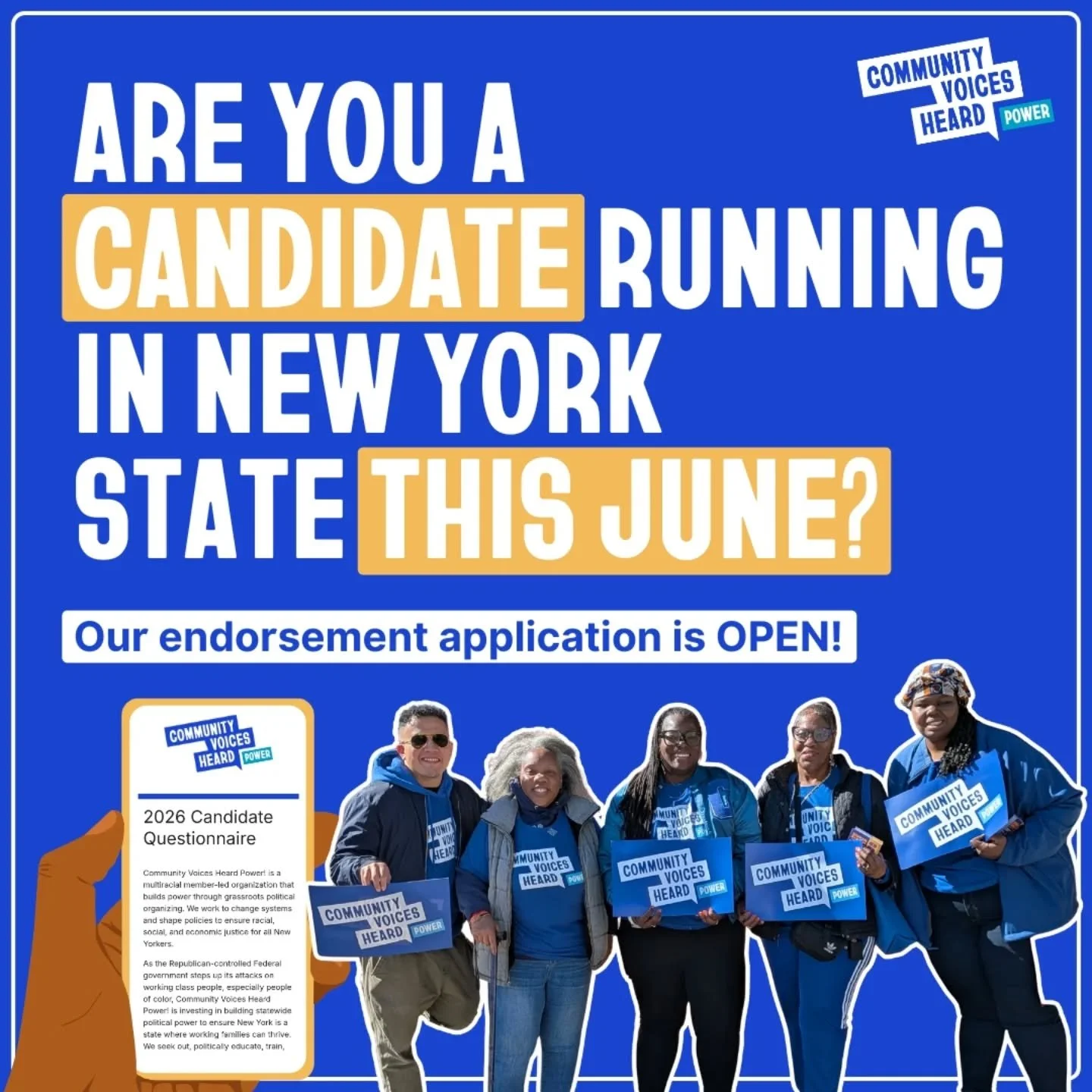 Our 2026 endorsement application is officially open!

Community Voices Heard Power is investing in building statewide political power to ensure New York is a state where working families can thrive

We seek out, politically educate, train, encourage,