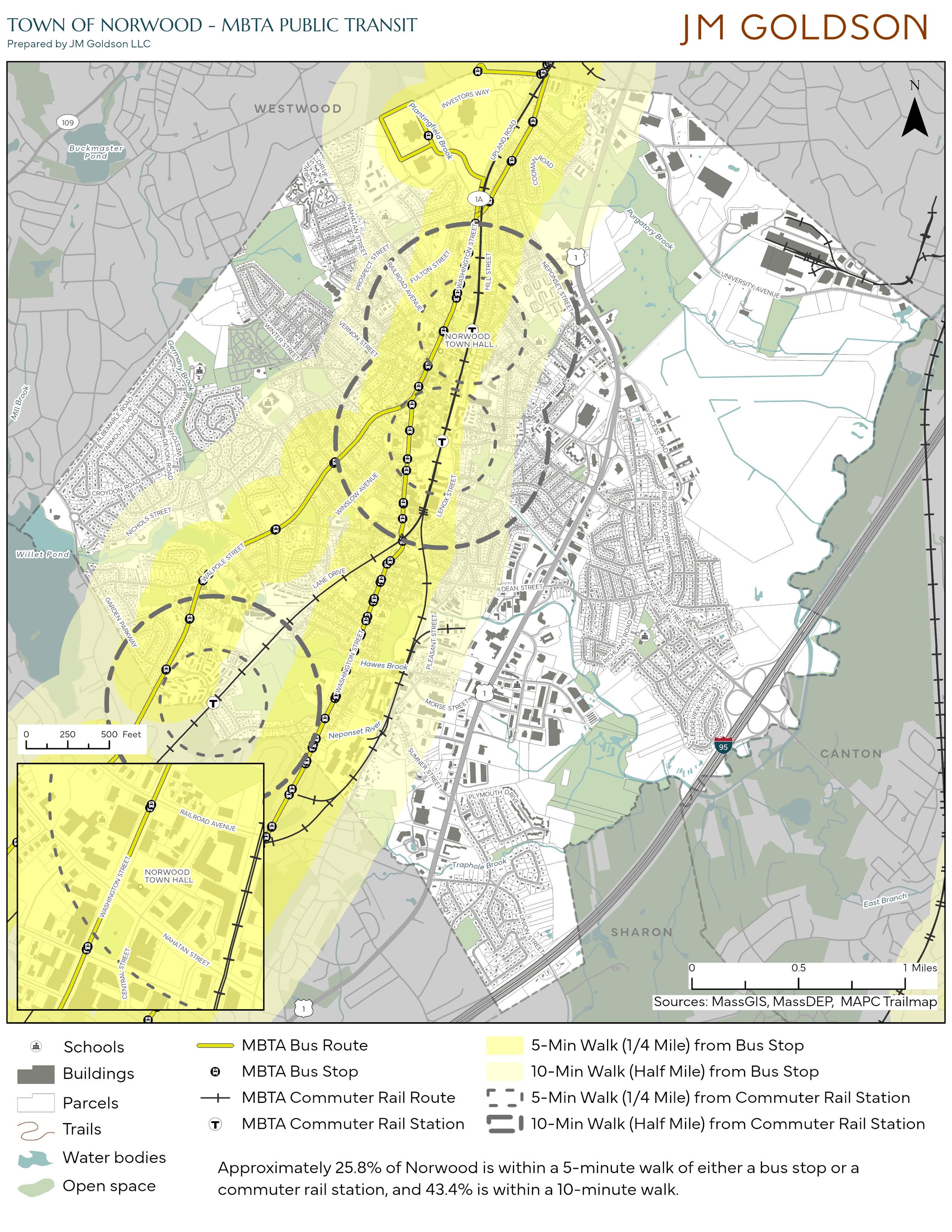 Transit access map of the Town of Norwood, MA