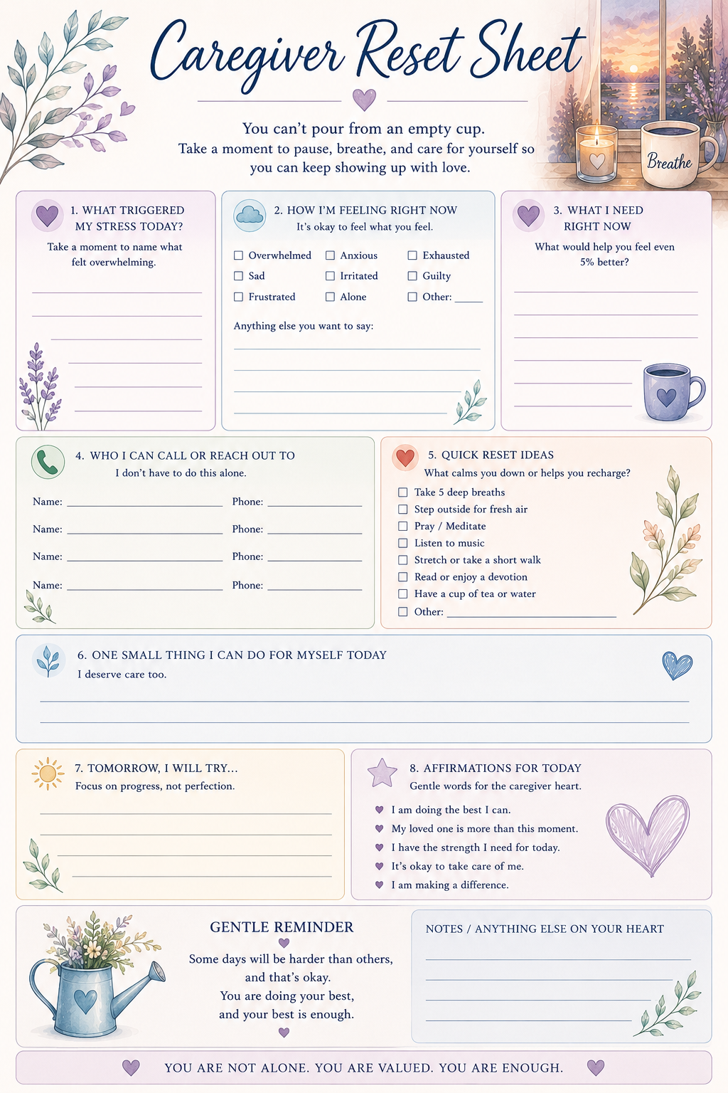 Caregiver Reset Sheet: A Gentle Pause for Overwhelmed Caregivers