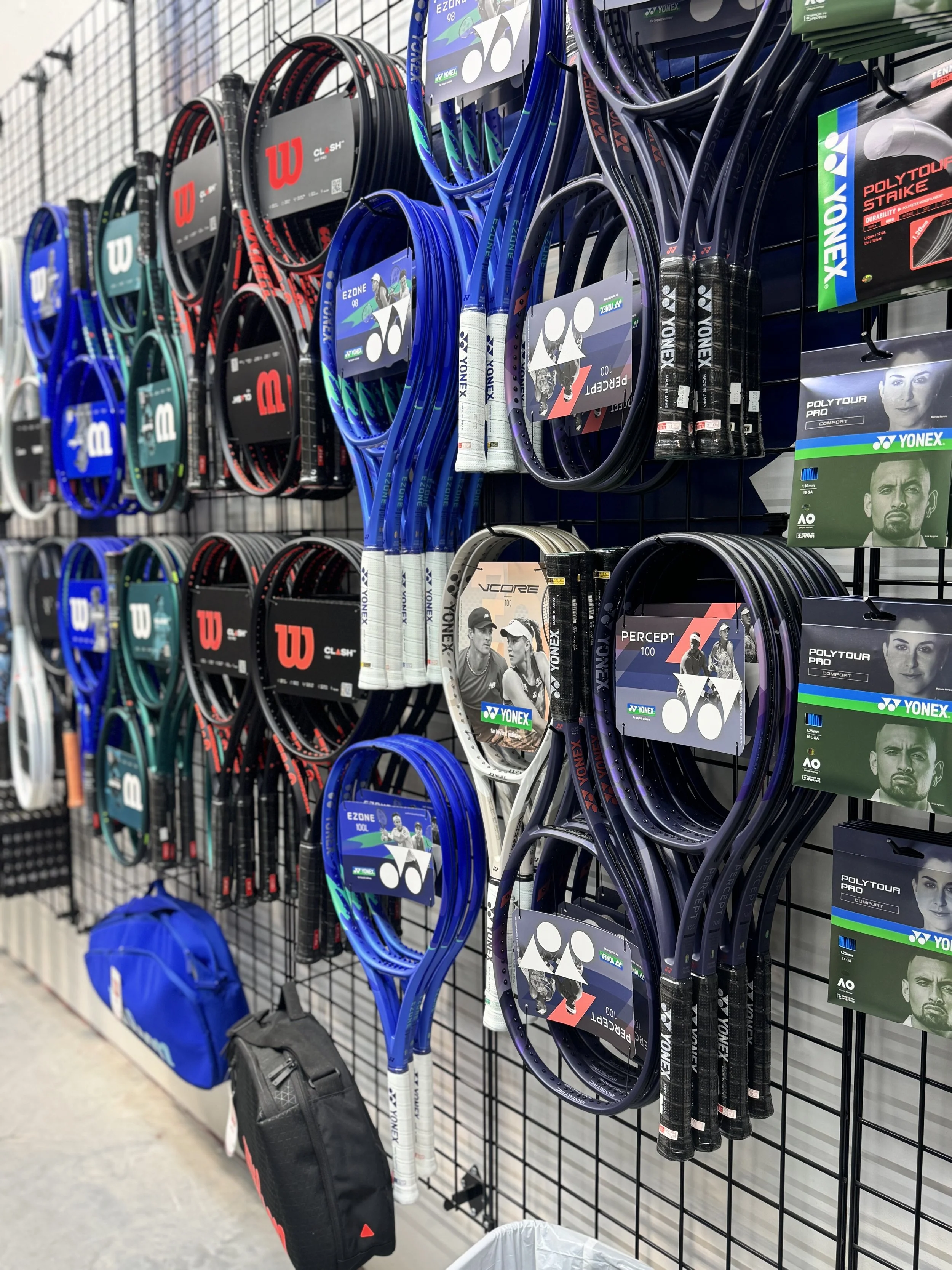 My Tennis Wall in the Heights fully sstocked pro shop selling the latest in Yonex, Wilson, Babolat, and more.