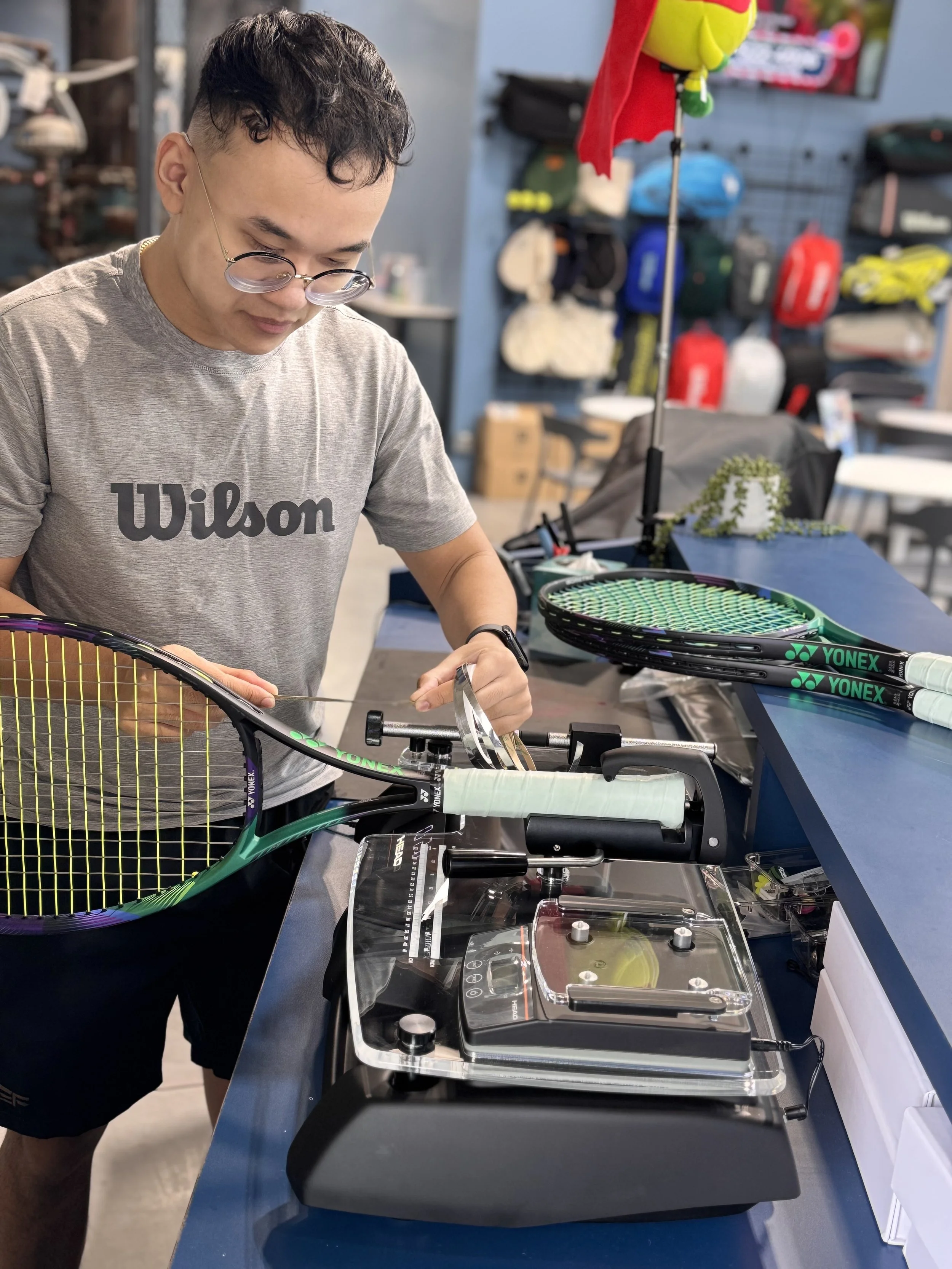 Our team of tennis experts can help you change your grip size, add or remove weight, and more.   They can also help you choose the right racquet and strings for you and your tennis game.