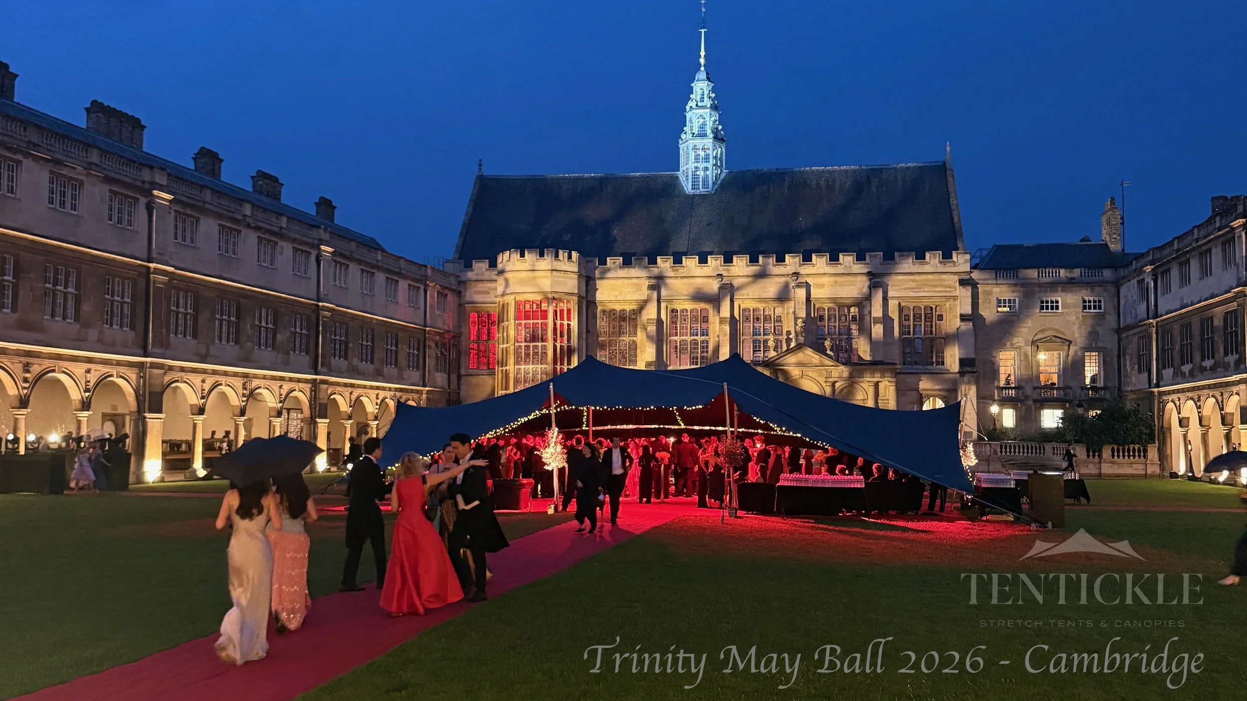 Black stretch tent installed for Trinity College Cambridge May Ball, creating a distinctive covered space for the university celebration