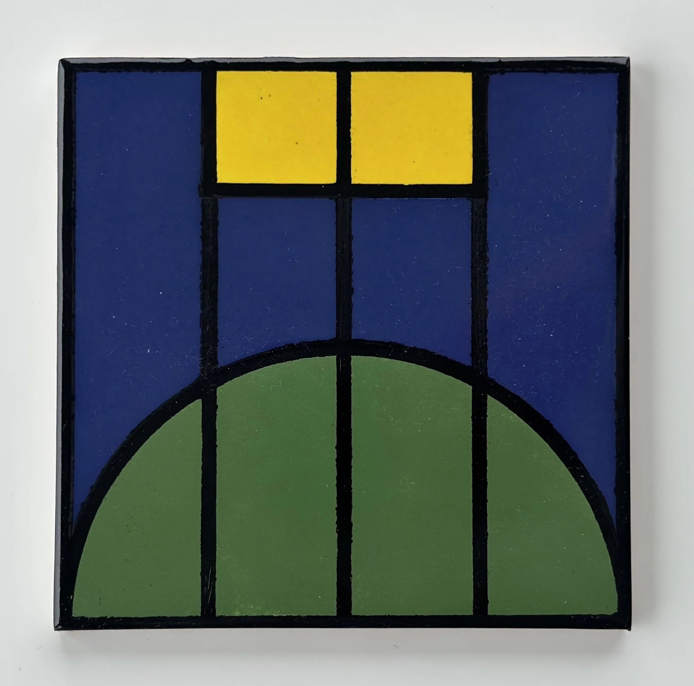 Colorful stained glass art featuring a blue background, a yellow window, green arch, and black outlining.