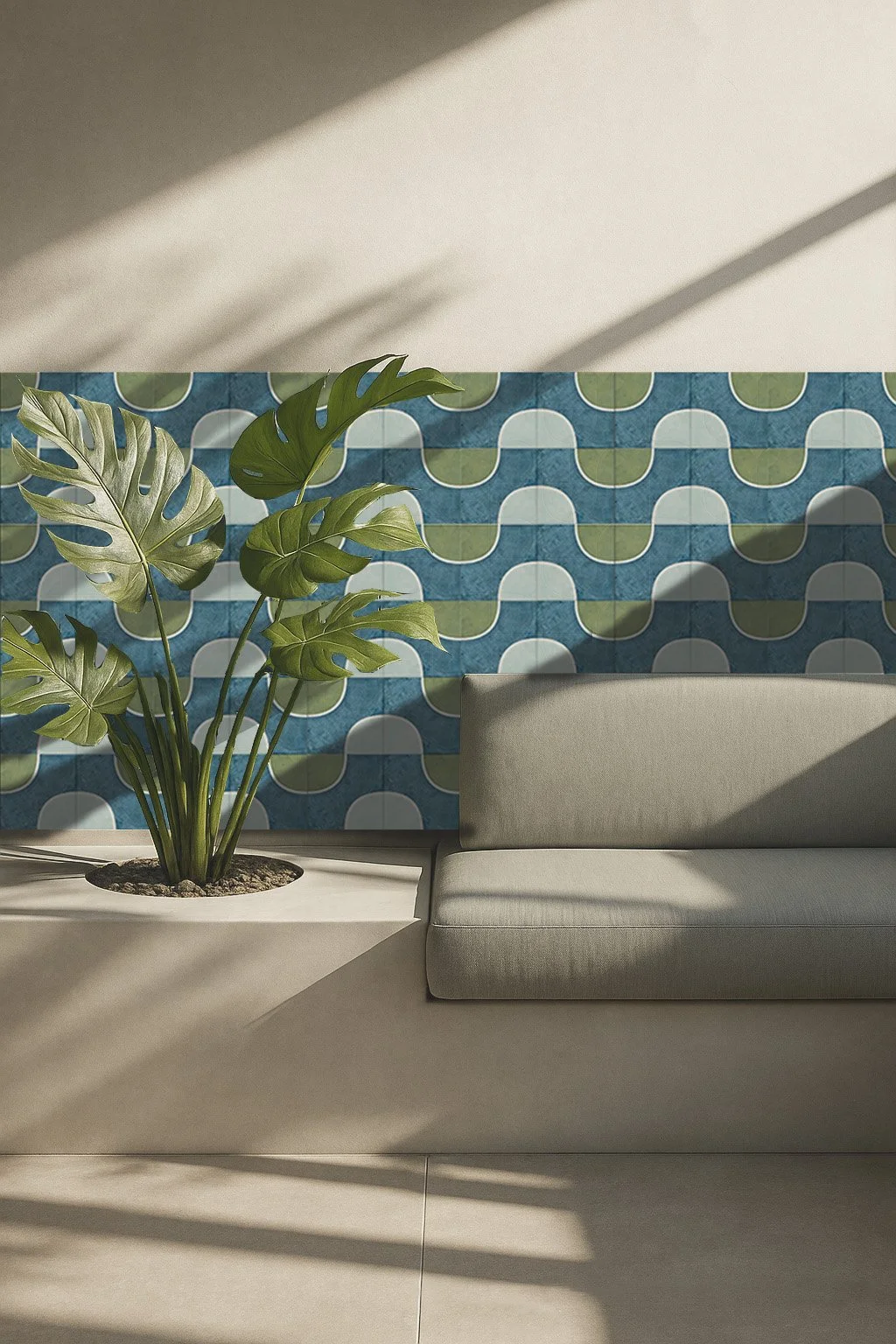 Image of a built-in Sofa with a wall installation with La Mola ceramic Tiles