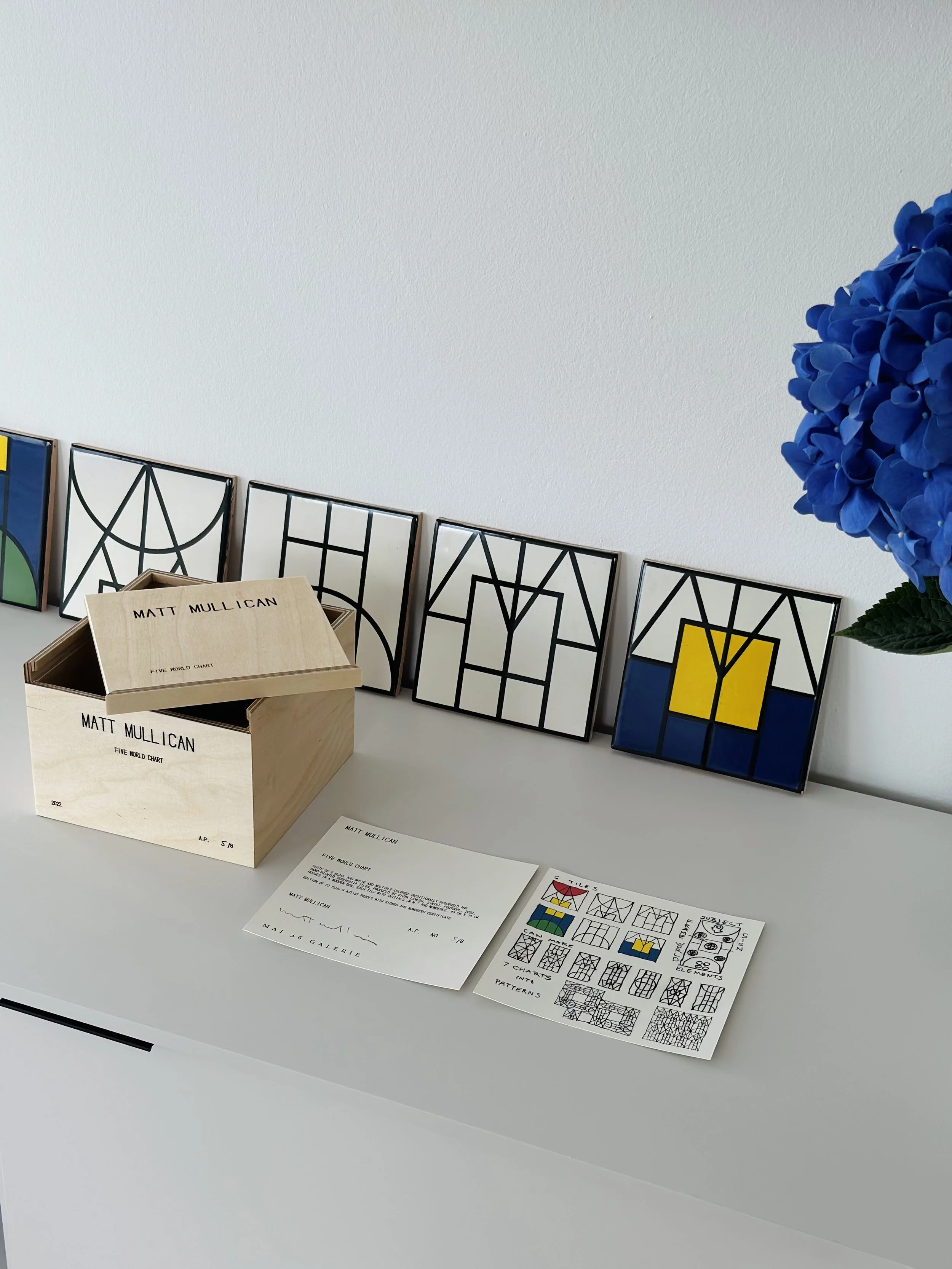 Display of framed geometric art pieces, a wooden box labeled 'Matt Mullican' with a matching booklet, and informational sheets on a white surface, with a blue flower arrangement on the right.