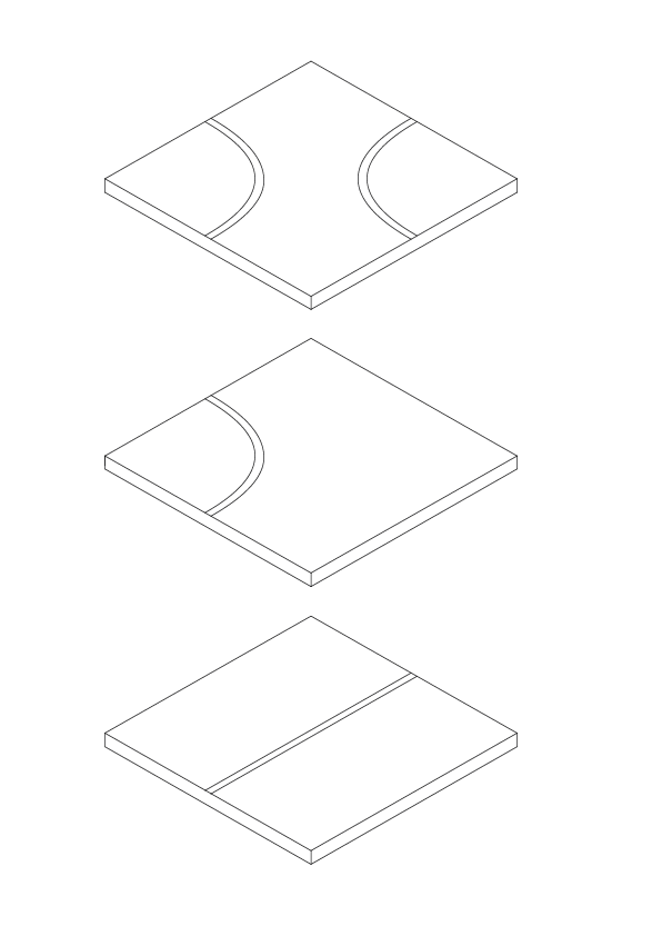Illustration of three different basketball court floor panels stacked vertically, showing various panel designs for a gymnasium surface.