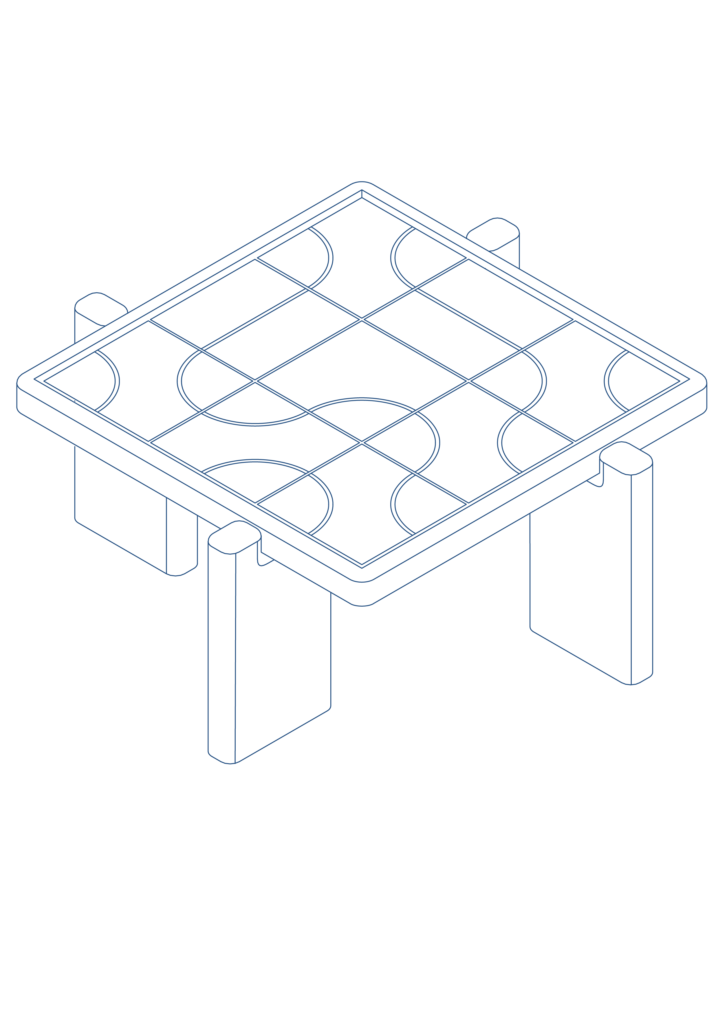 Blueprint isometric drawing of a small, portable soccer table with four legs and a detailed playing surface showing goal areas, center circle, and goal boxes.