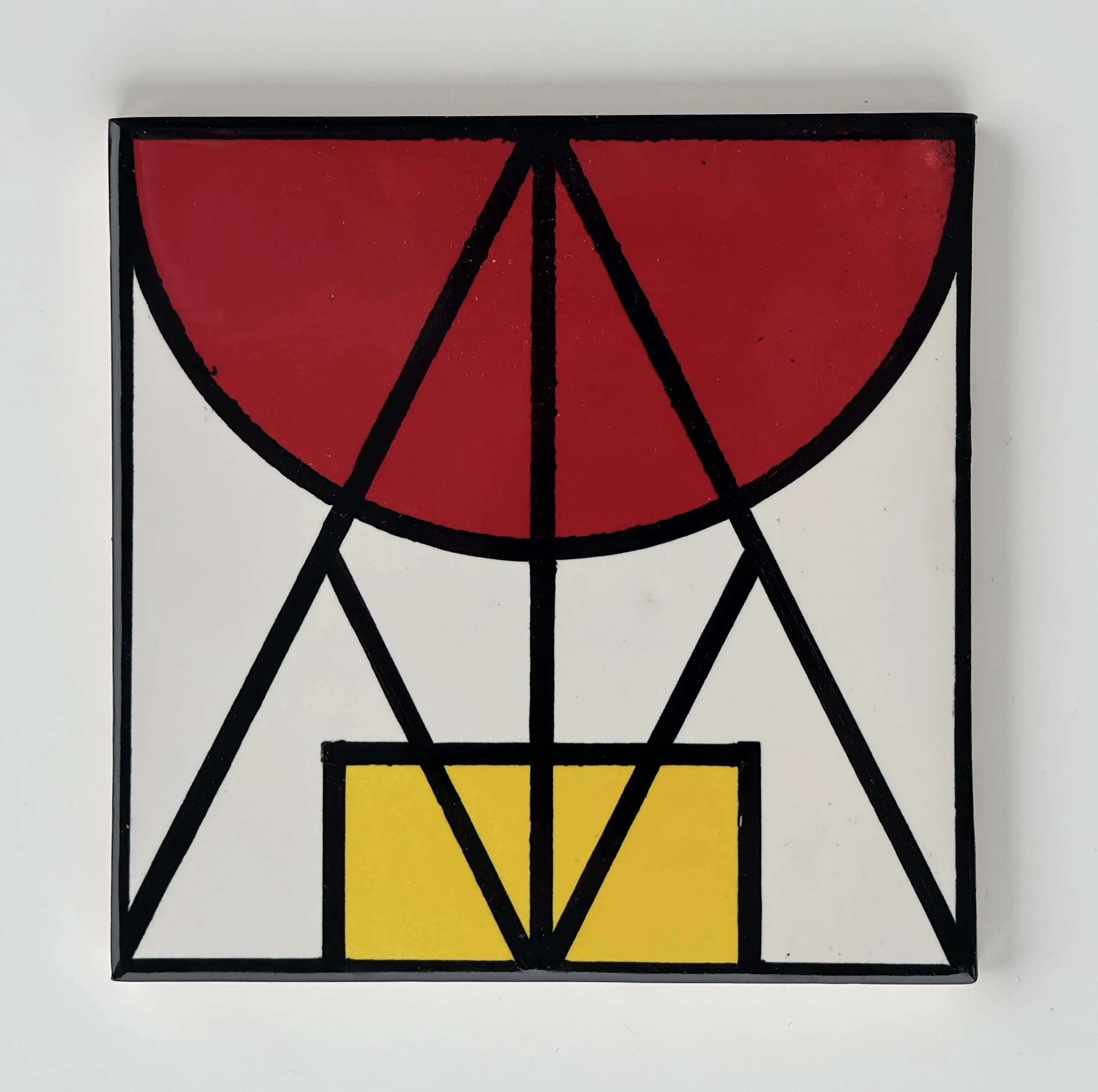 Abstract geometric artwork with a large red semi-circle at the top, a yellow rectangle at the bottom, and black lines connecting the shapes, framed in black.