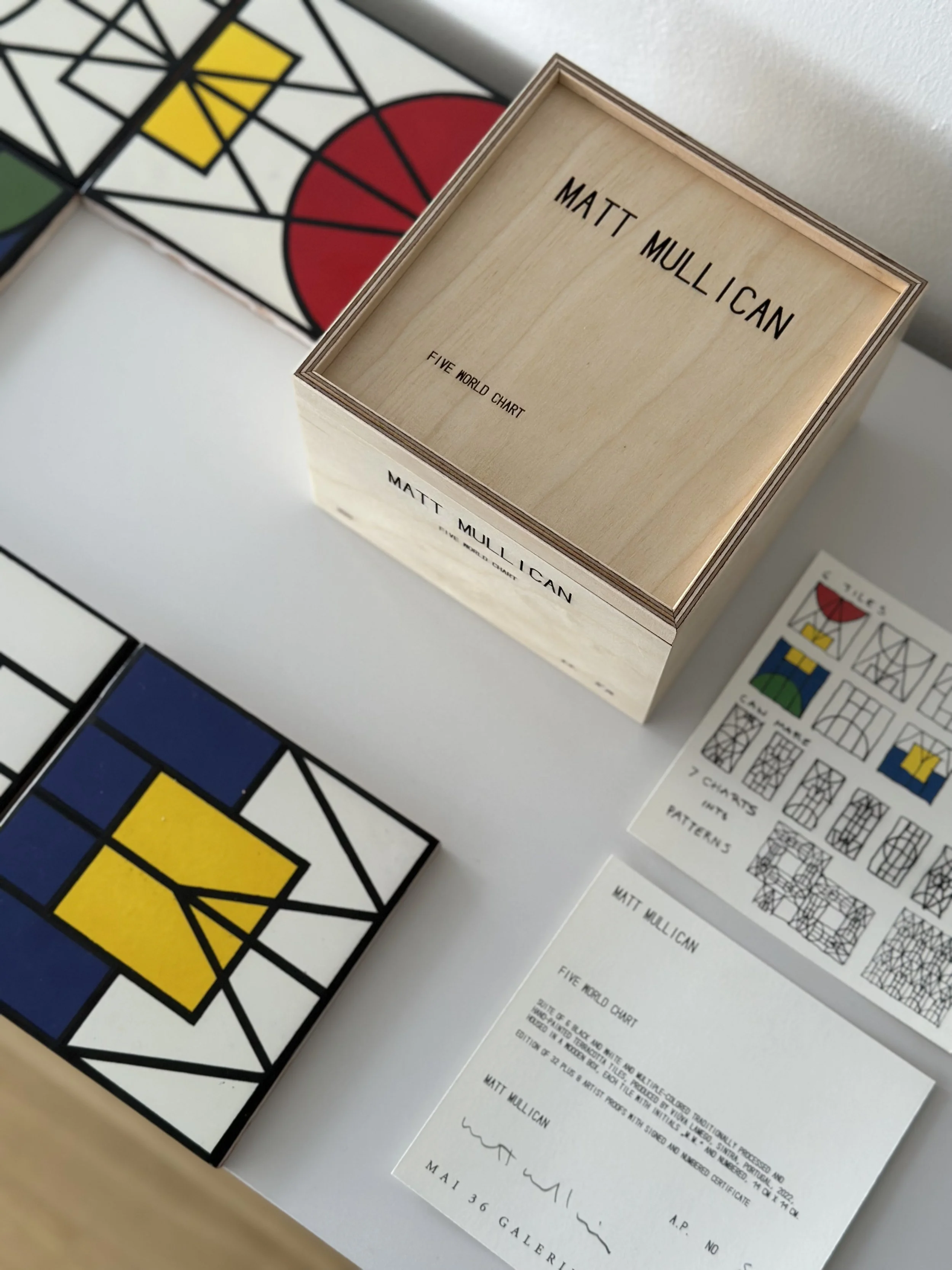 Wooden box and printed cards featuring geometric and color block patterns inspired by Mondrian, with a sheet of paper titled 'Five World Chart' by Matt Mullican.