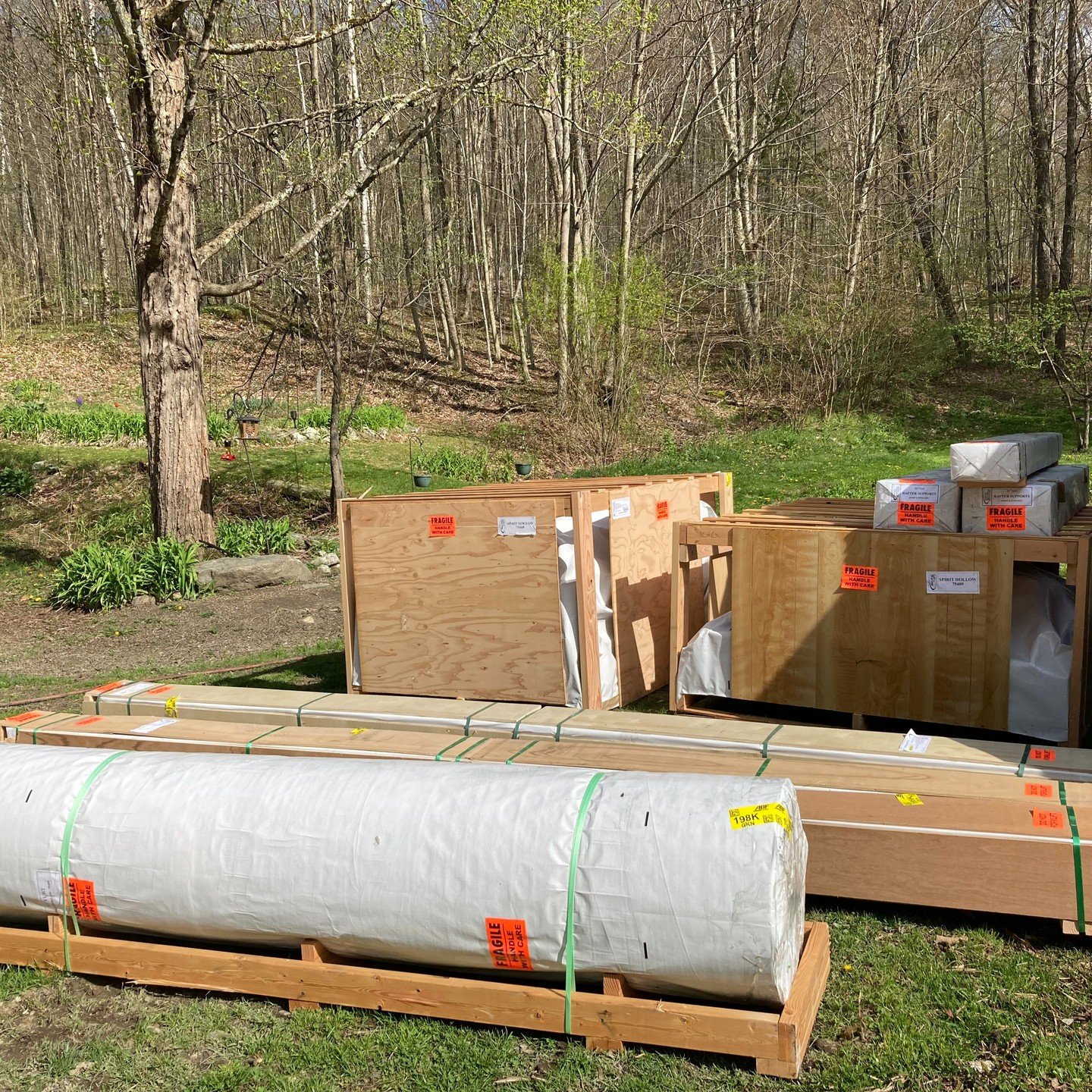 The yurt kit is here!! Thanks to my dear friend, Brian Taylor, who made three trips to Cohoes to pick it up.

The platform will be ready by next weekend for our yurt raising! We&rsquo;d love to have you join us here at Spirit Hollow Saturday, May 11 