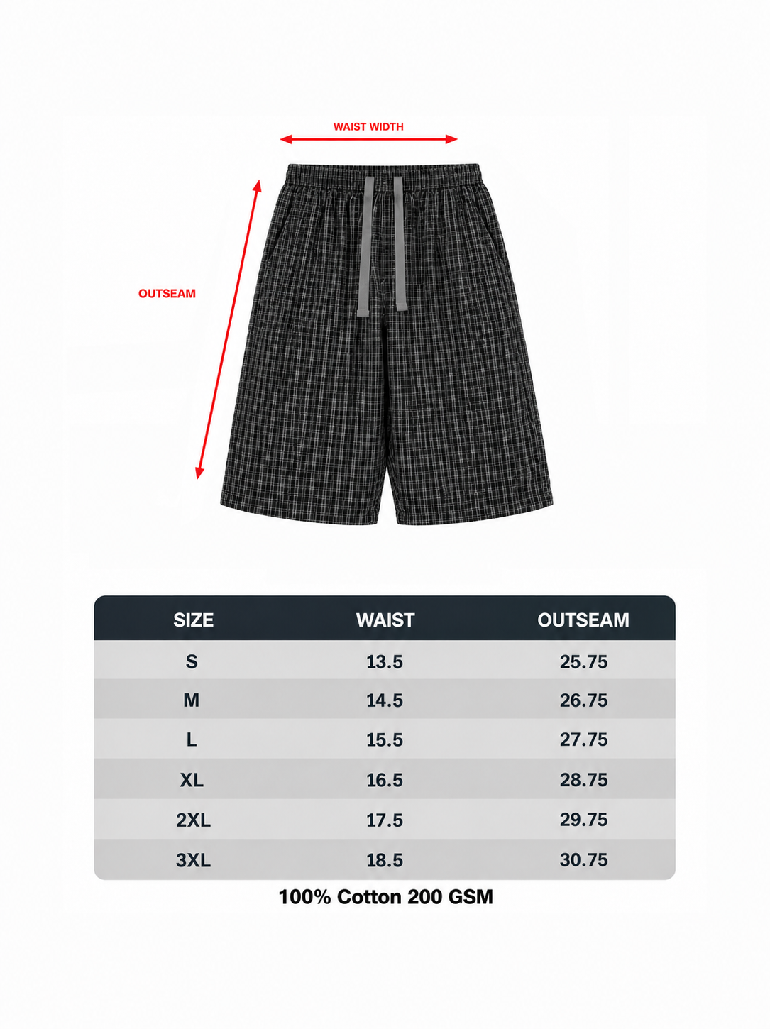 Black plaid shorts sizing chart.png