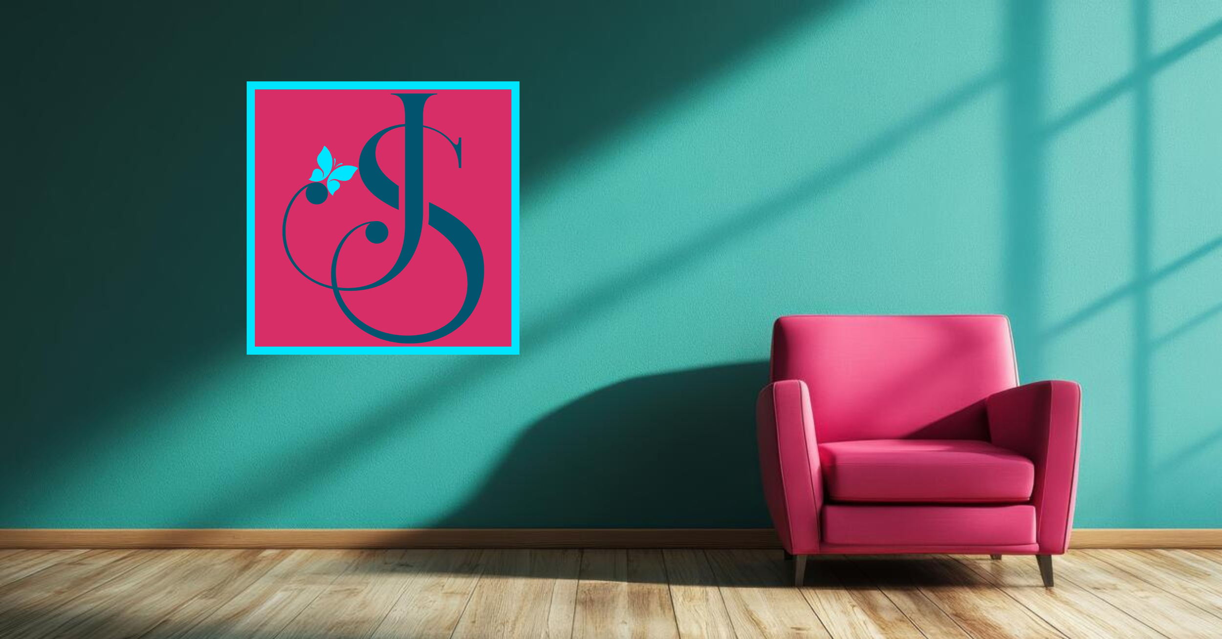 Pink armchair against a teal wall with a window shadow and a decorative art piece featuring stylized letter 'J' and a butterfly.