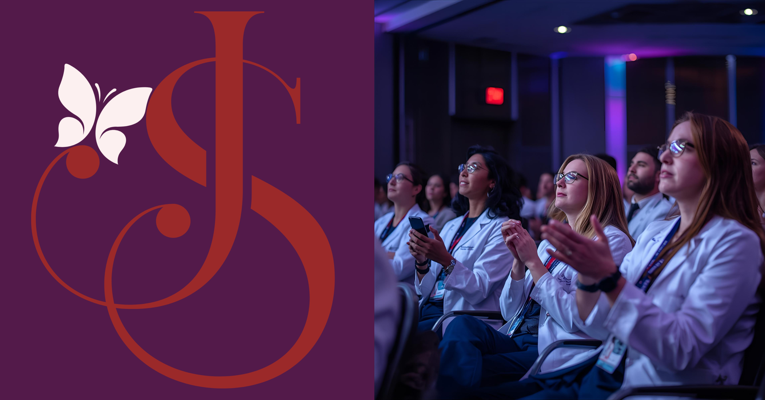 A conference room filled with medical professionals, mainly women, wearing white coats and attending a presentation or lecture at a medical conference.