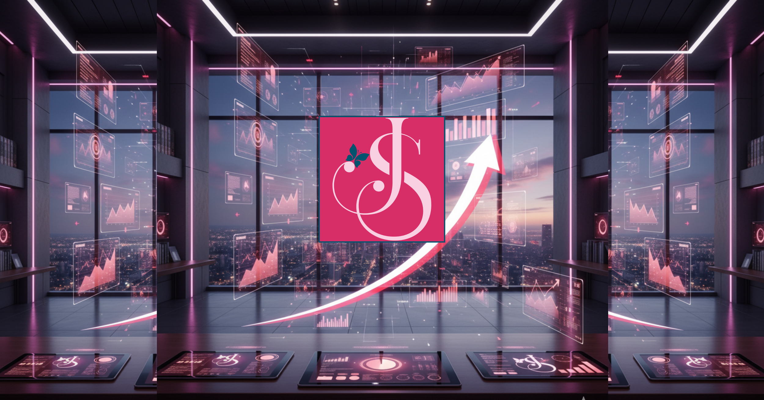 A futuristic office with large windows overlooking a cityscape at sunset, digital charts and graphs overlaid in pink and purple, a rising arrow symbol, and a central logo with stylized letters 'F' and 'S' in pink with green accents.