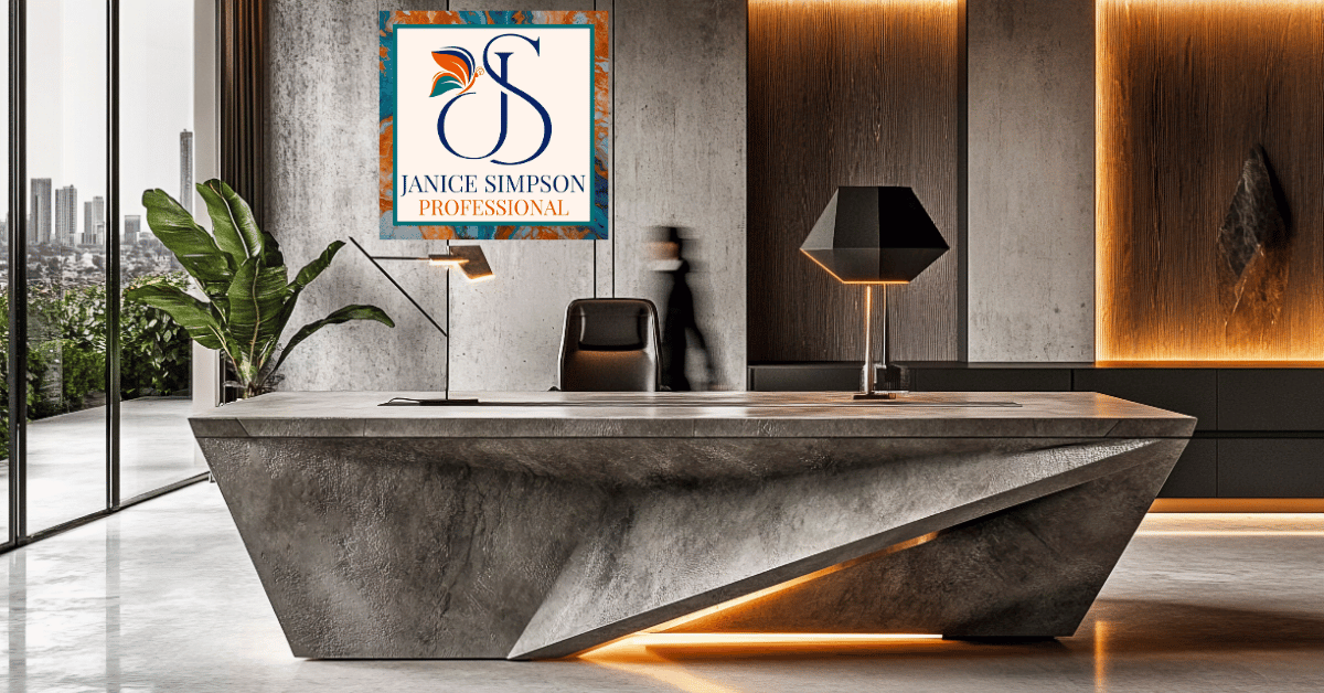 Professional branding for Janice Simpson Office set against a minimalist industrial office interior with warm architectural lighting and a large indoor plant.