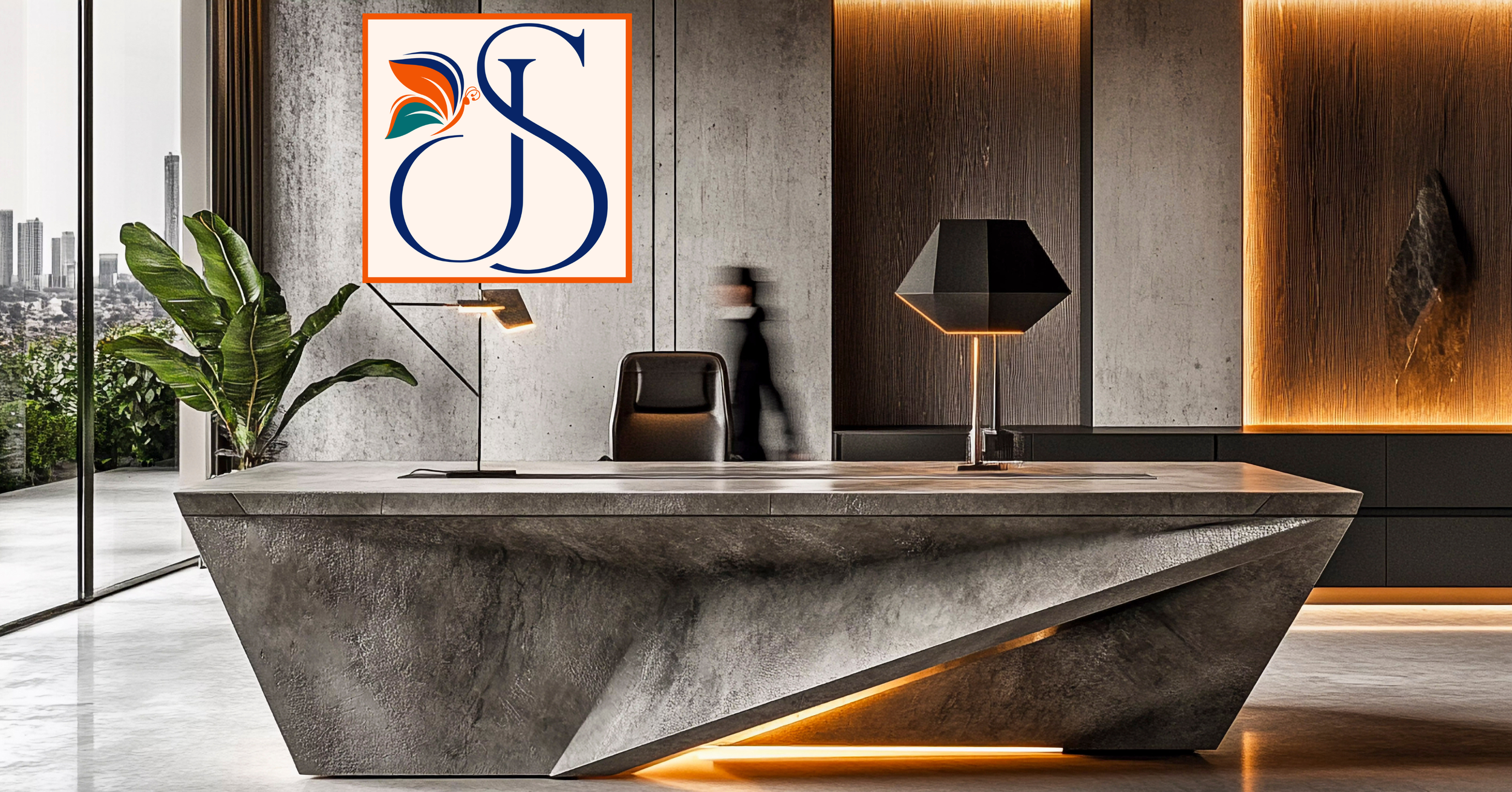 Professional branding for Janice Simpson set against a minimalist industrial office interior with warm architectural lighting and a large indoor plant.