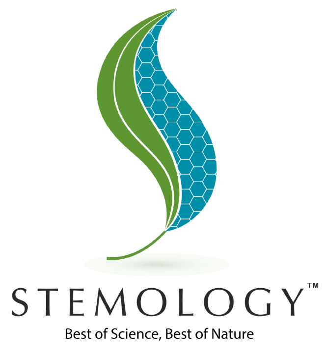 Stylized leaf logo with green and blue sections and honeycomb pattern, with the words "STEMOLOGY" and the tagline "Best of Science, Best of Nature".