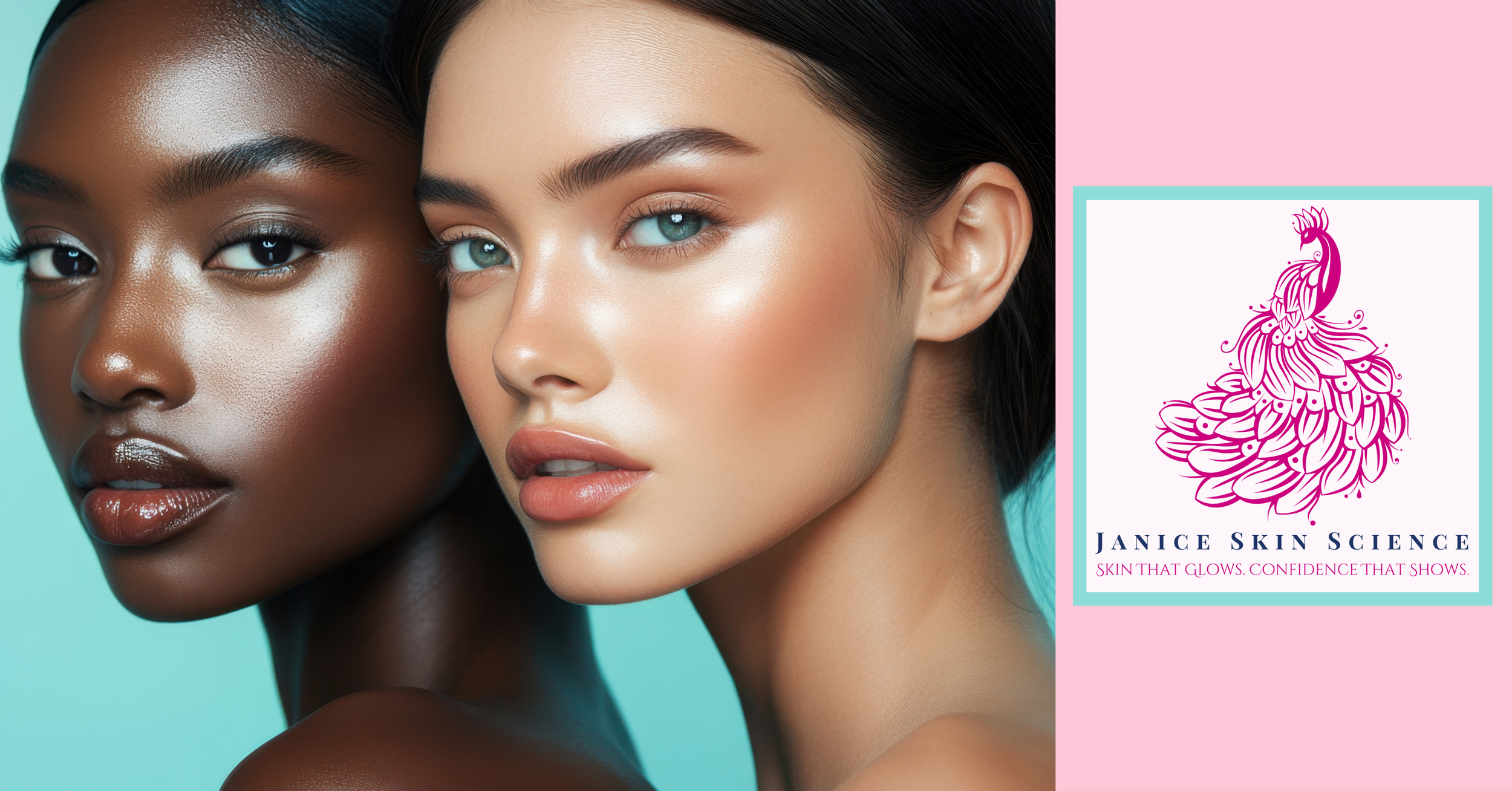 Close-up of two women with glowing skin, one with dark skin and the other with light skin, posing against a pastel background.