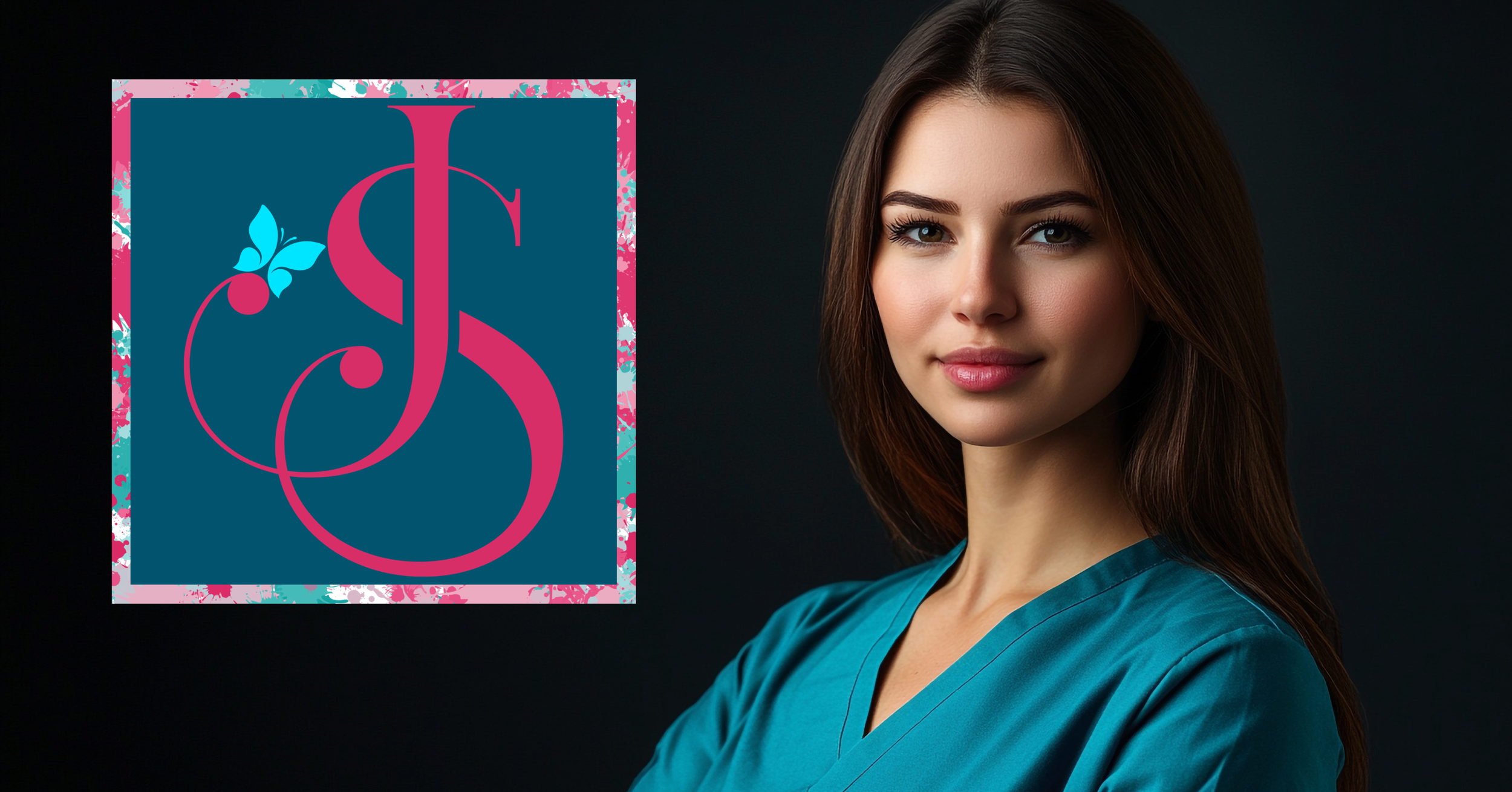 A young woman with long brown hair wearing teal medical scrubs, standing against a dark background, smiling slightly, with a colorful logo featuring a pink and blue design and a butterfly on the left side of the image.